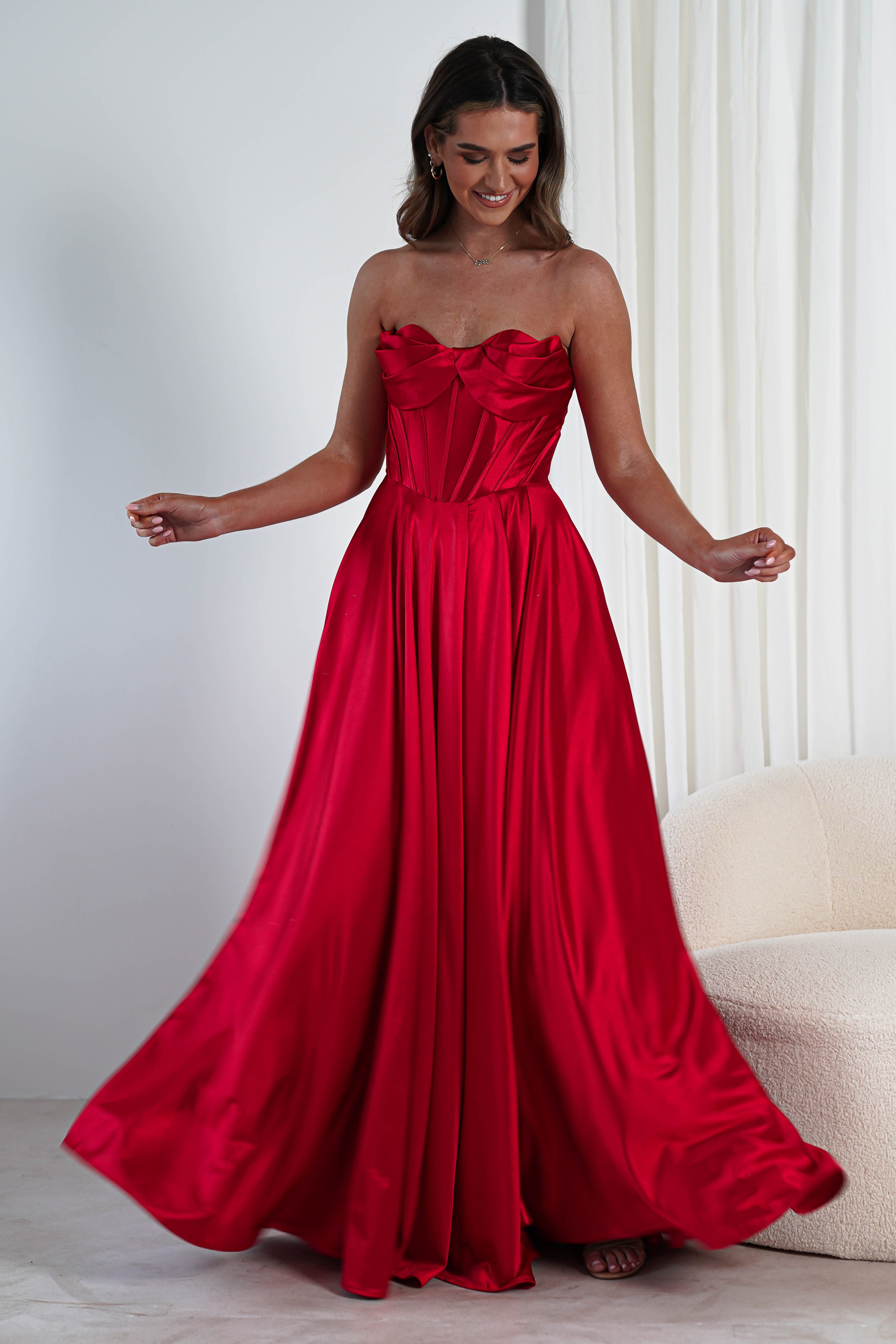 Kristi Strapless A Line Gown | Red | Debs & Prom | Formal Gown | Oh Hello Clothing