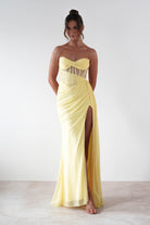 Robyn Draped Fitted Stapless Gown | Yellow | Debs & Prom | Formal Gown | Oh Hello Clothing
