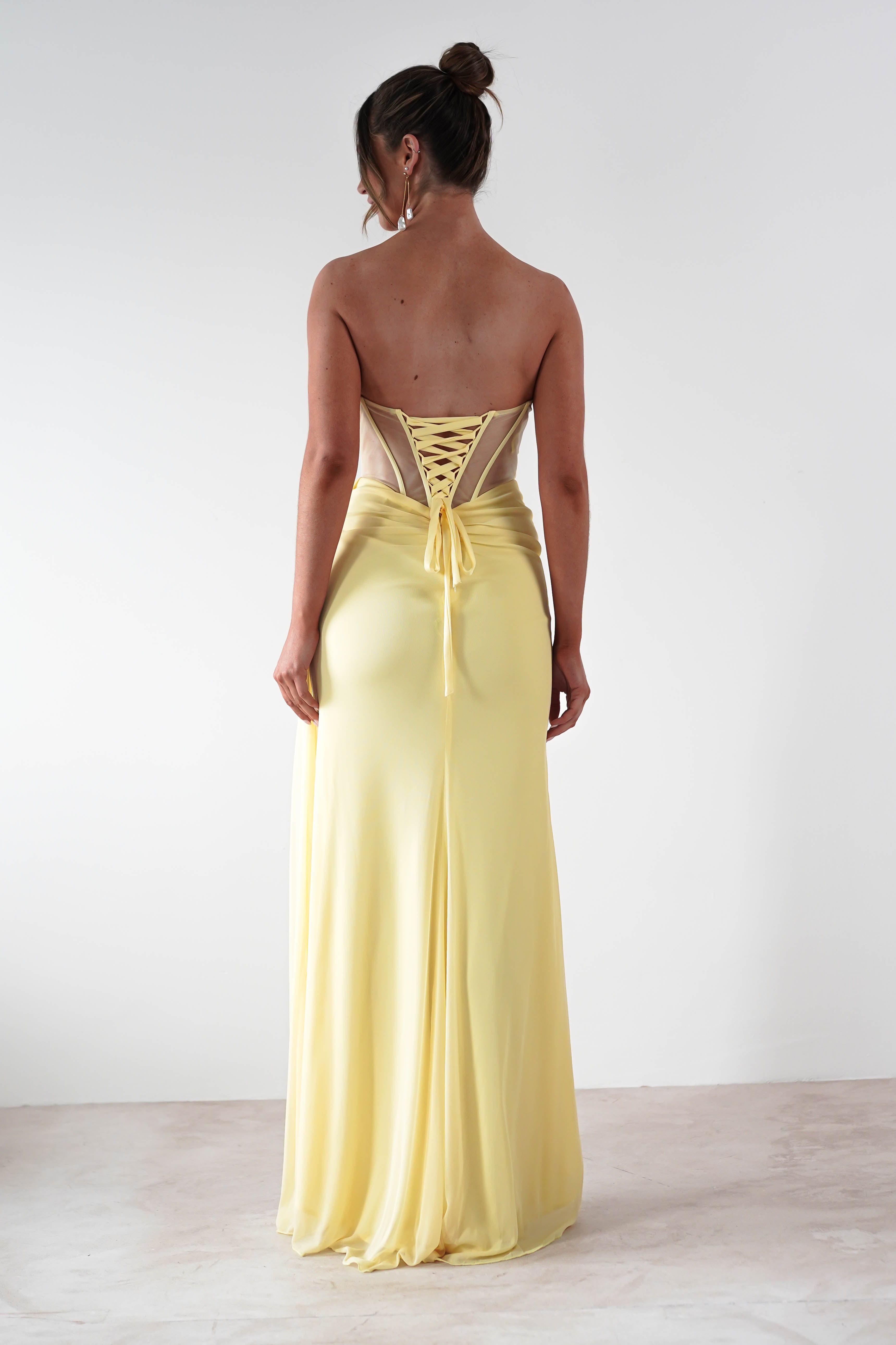 Robyn Draped Fitted Stapless Gown | Yellow | Debs & Prom | Formal Gown | Oh Hello Clothing
