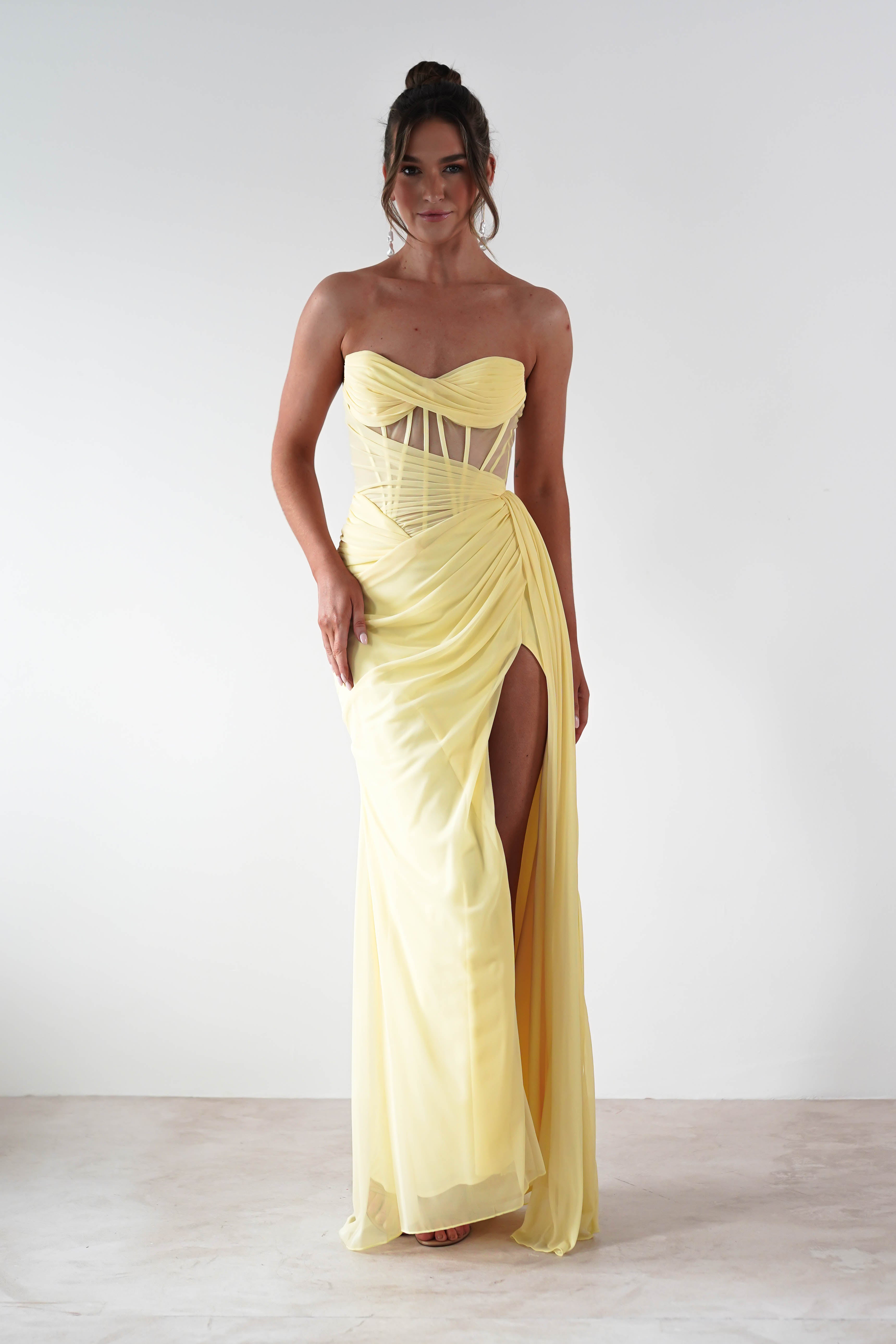 Robyn Draped Fitted Stapless Gown | Yellow | Debs & Prom | Formal Gown | Oh Hello Clothing