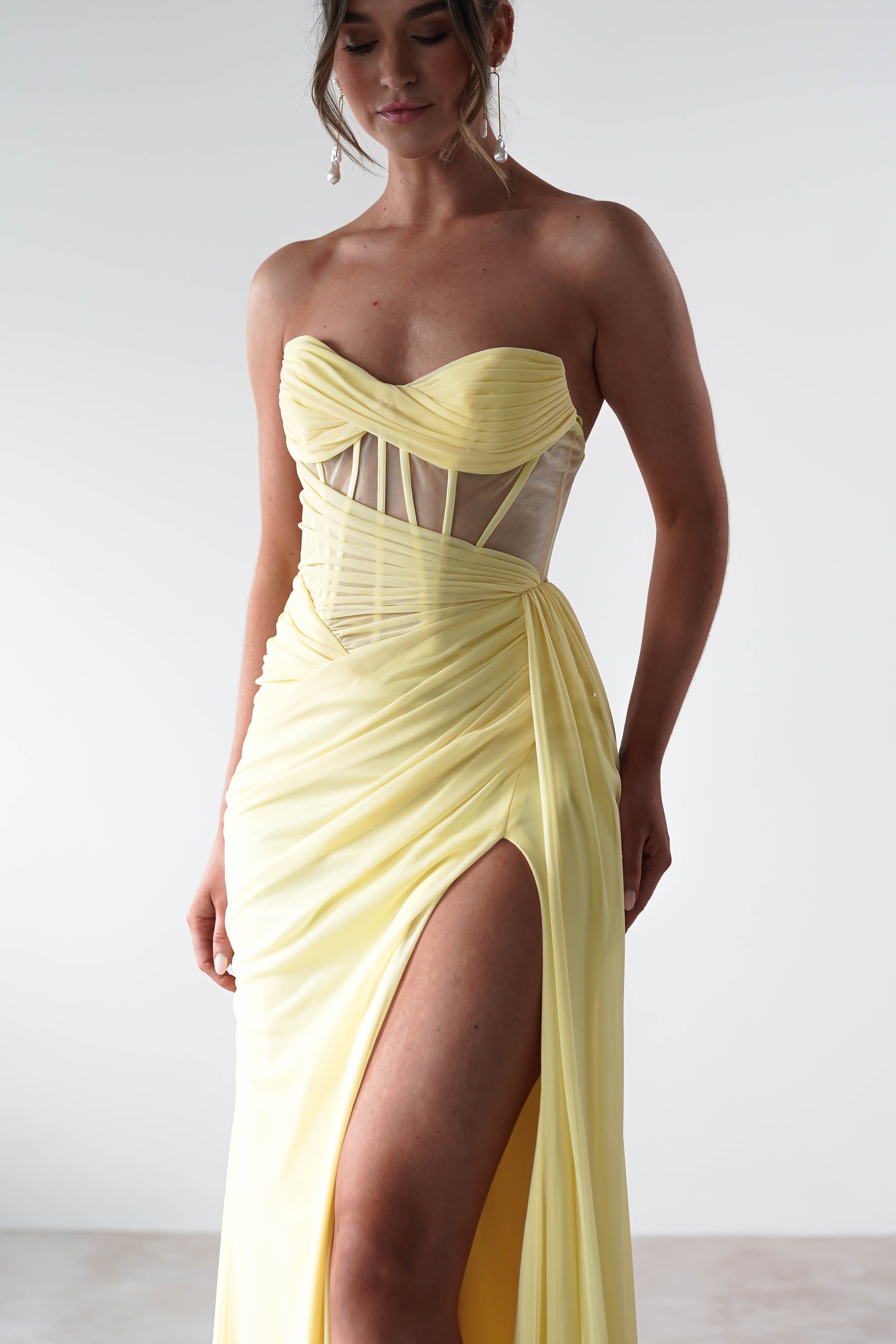Robyn Draped Fitted Stapless Gown | Yellow | Debs & Prom | Formal Gown | Oh Hello Clothing