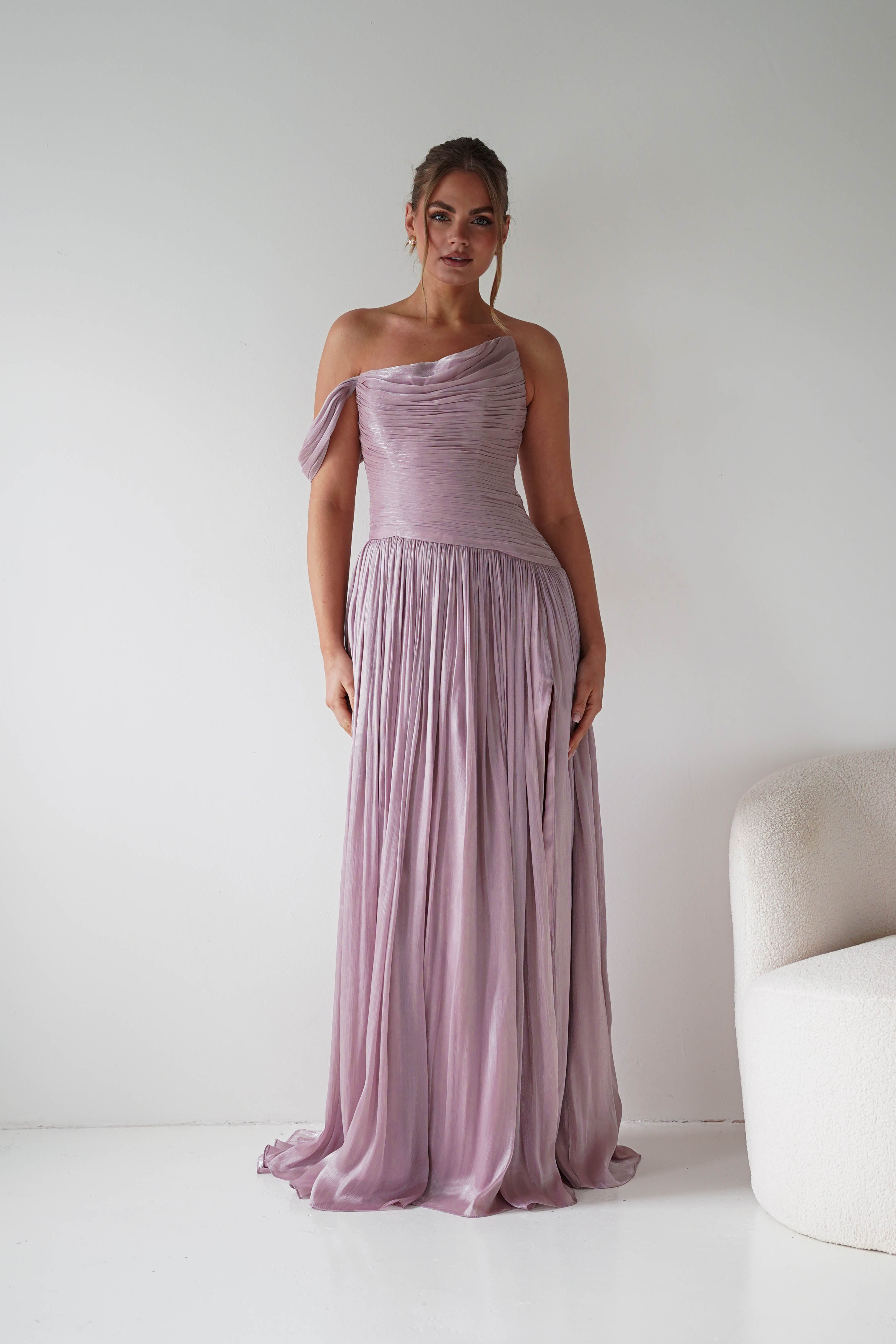 Oh Hello Clothing Women > Clothing > Dresses 1* DONE -CD409- Mauve One-Shoulder Pleated Maxi Dress with Slit