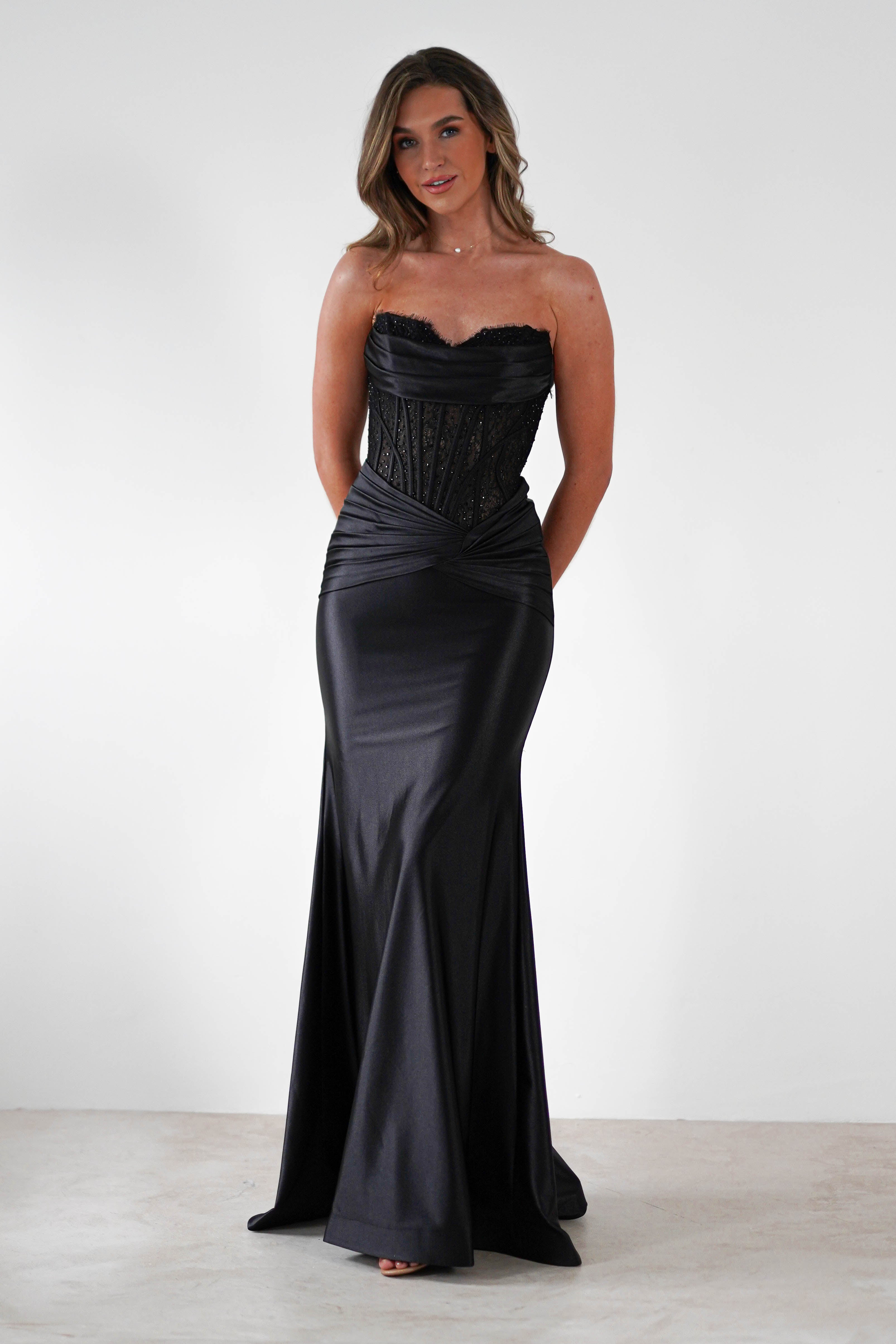 Misha Strapless Lace Detail Gown | Black | Debs & Prom | Formal Gown | Oh Hello Clothing