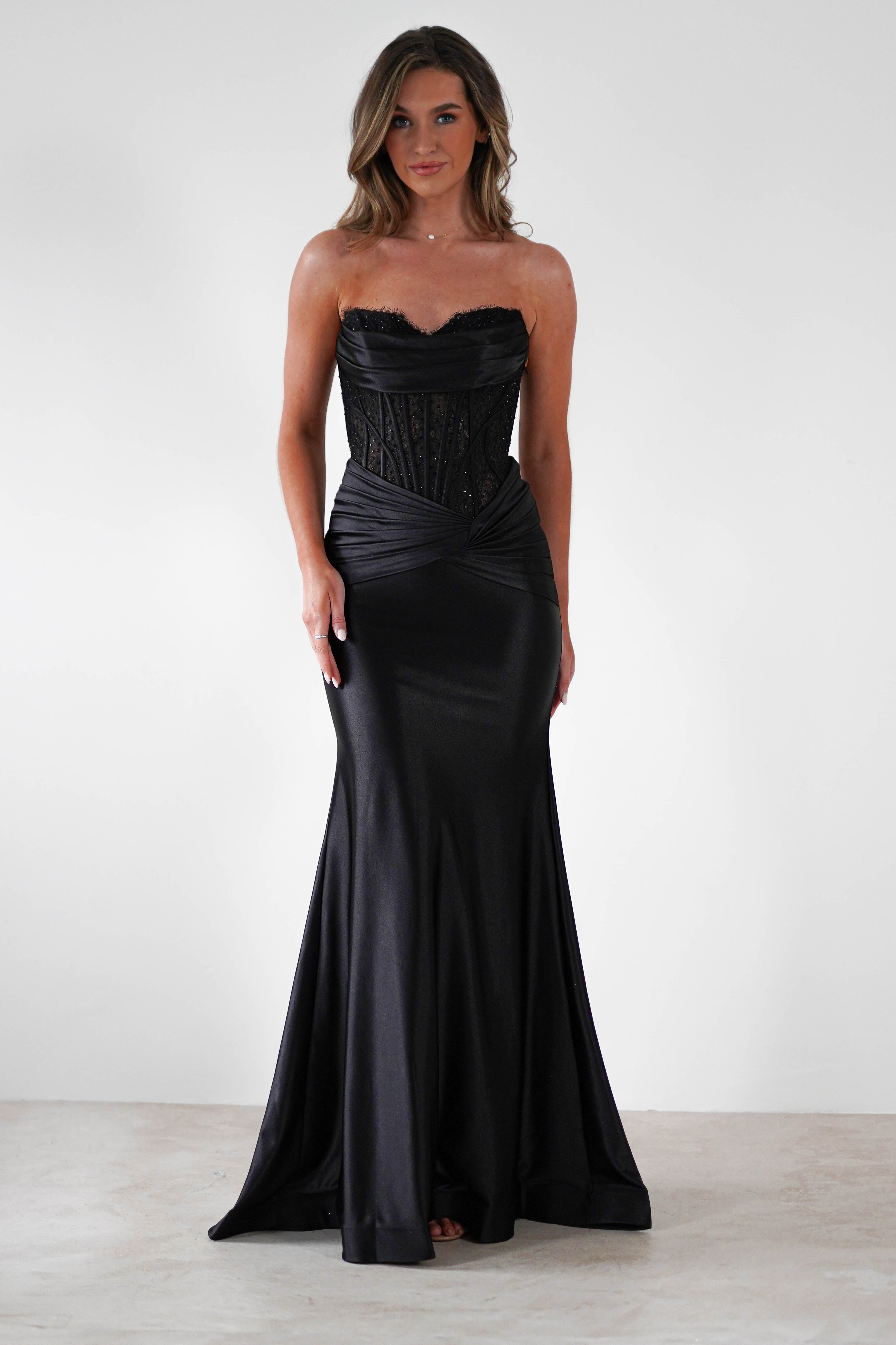 Misha Strapless Lace Detail Gown | Black | Debs & Prom | Formal Gown | Oh Hello Clothing