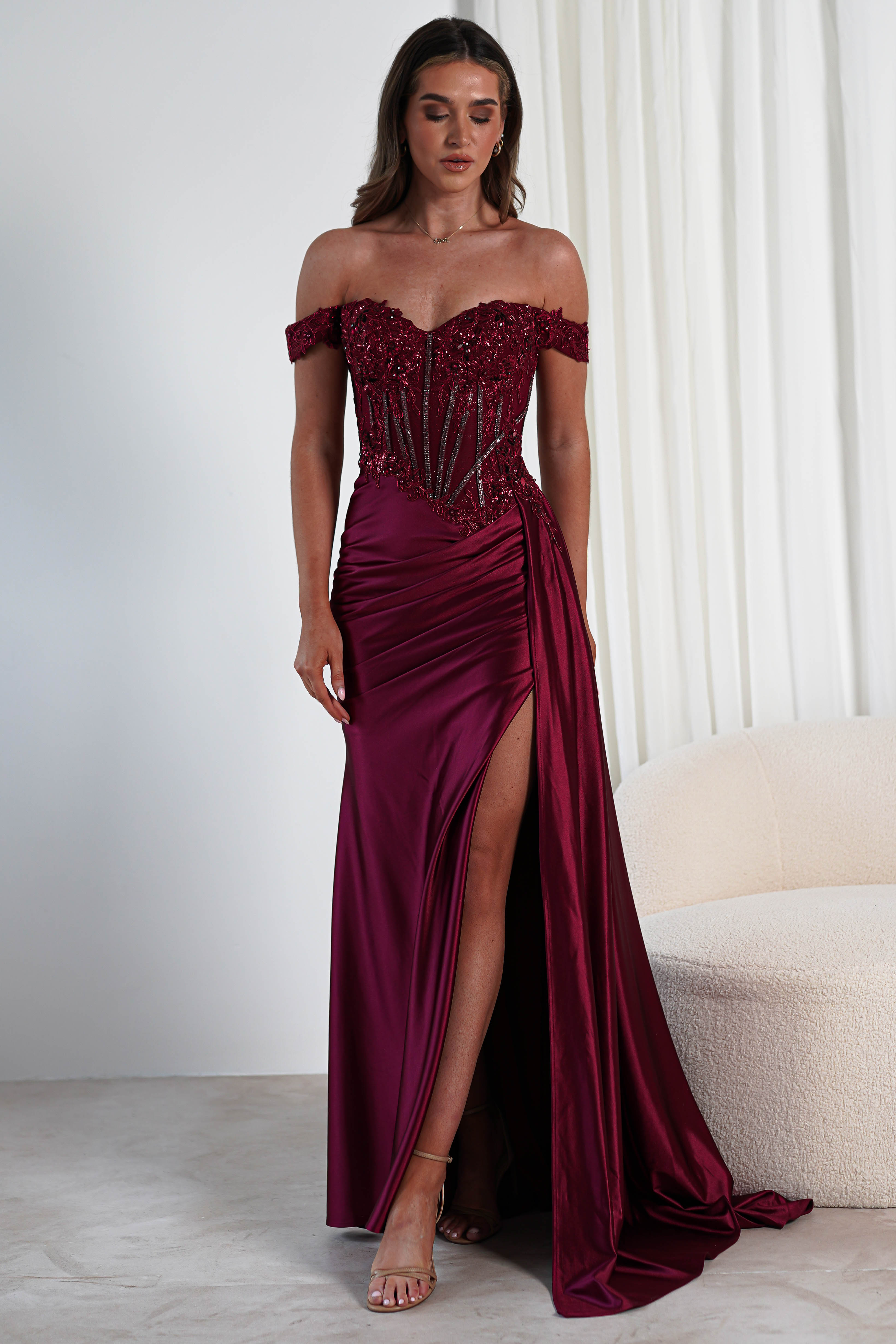 Marsela Lace Bodice Gown | Burgundy | Debs & Prom | Formal Gown | Oh Hello Clothing