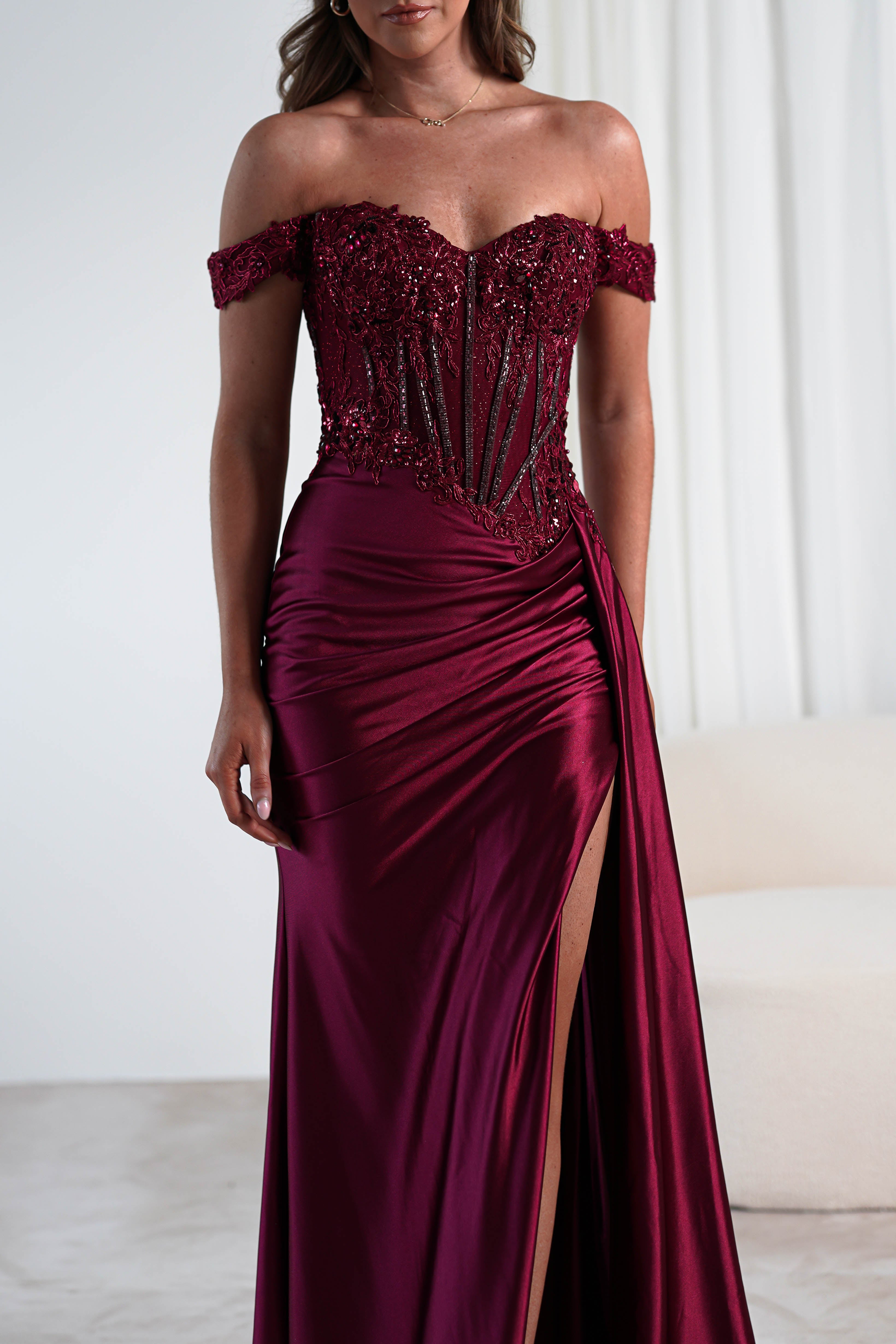 Marsela Lace Bodice Gown | Burgundy | Debs & Prom | Formal Gown | Oh Hello Clothing