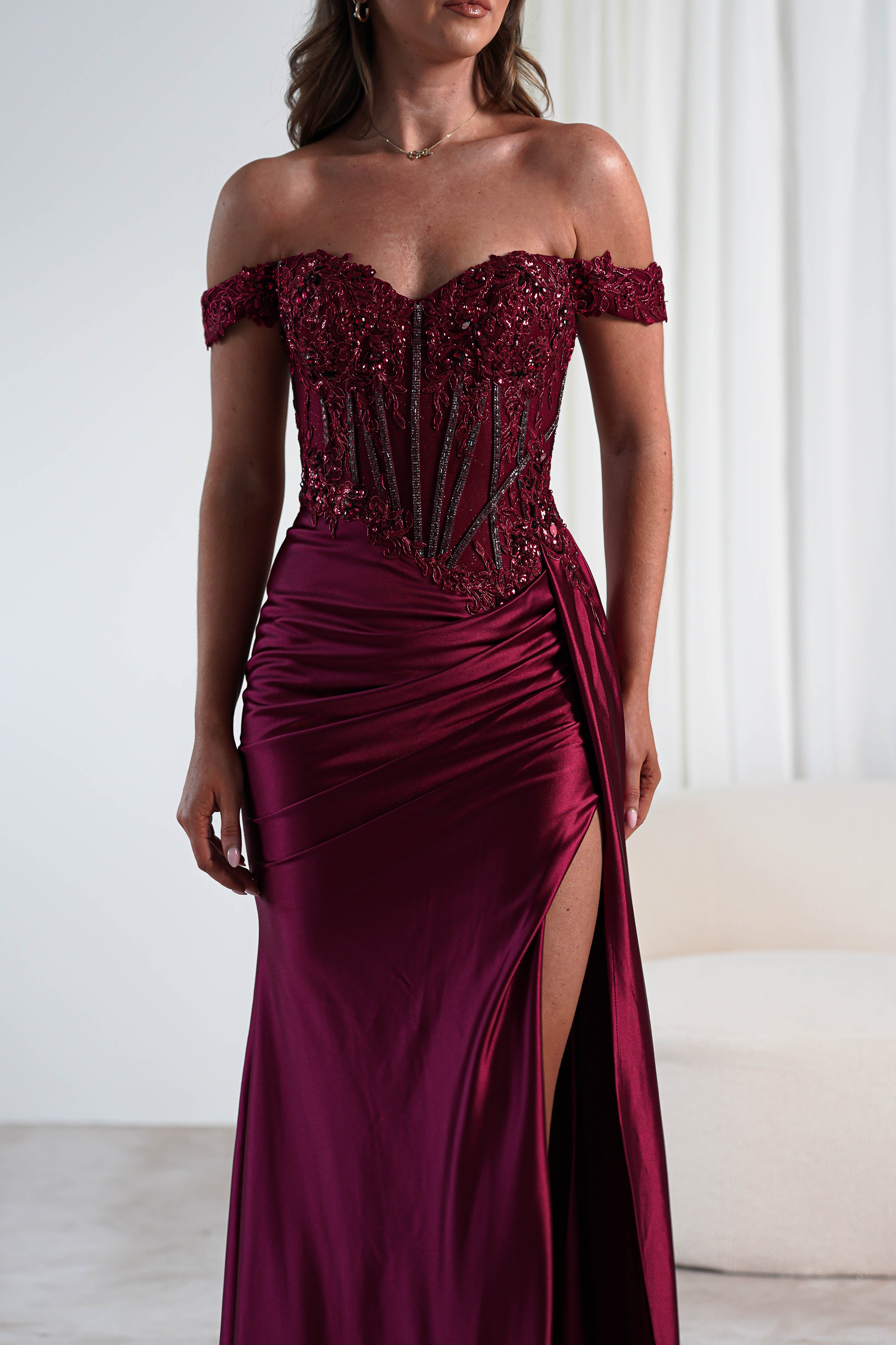 Marsela Lace Bodice Gown | Burgundy | Debs & Prom | Formal Gown | Oh Hello Clothing