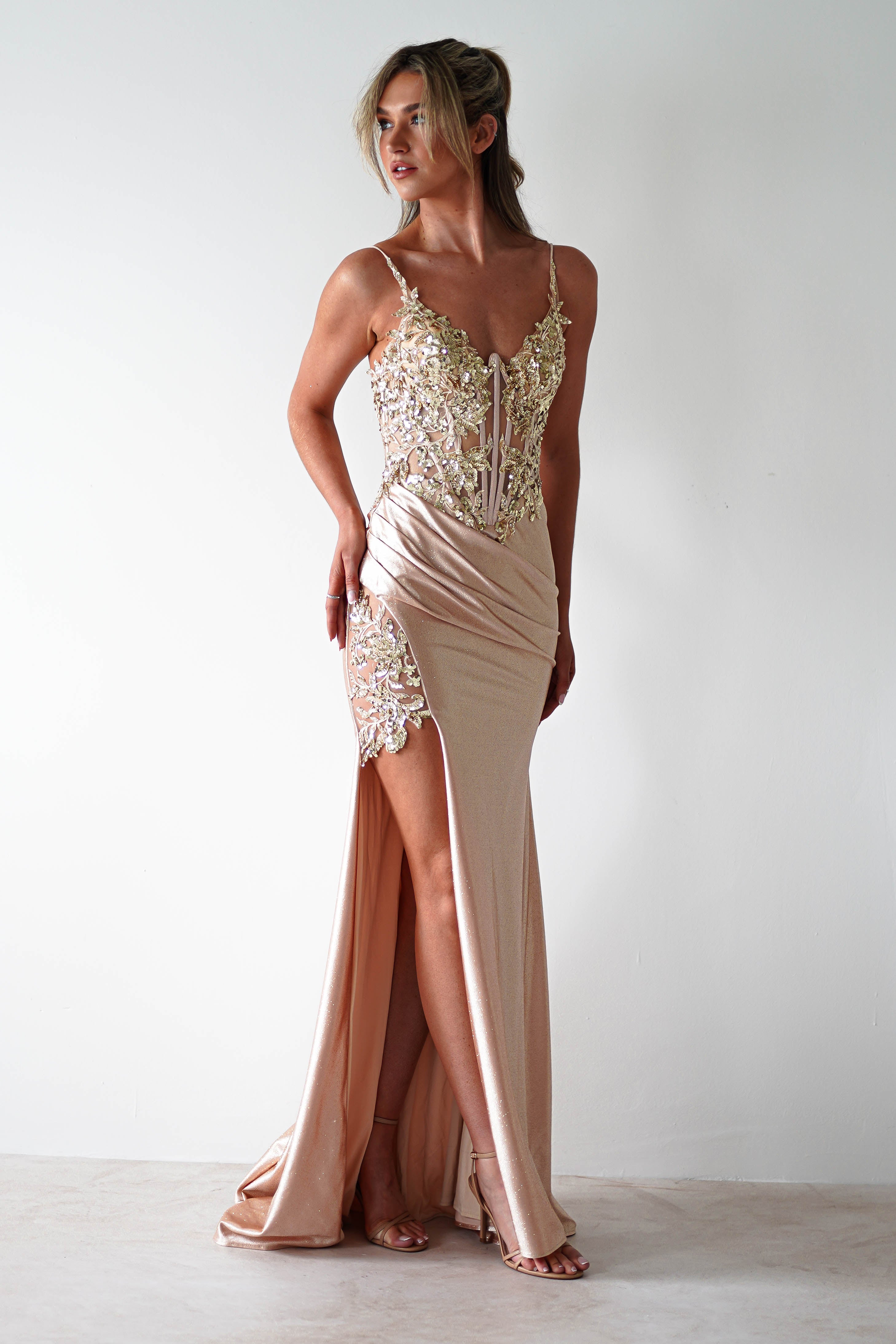 Regina Embellished Bodice Gown | Champagne/Gold | Debs & Prom | Formal Gown | Oh Hello Clothing