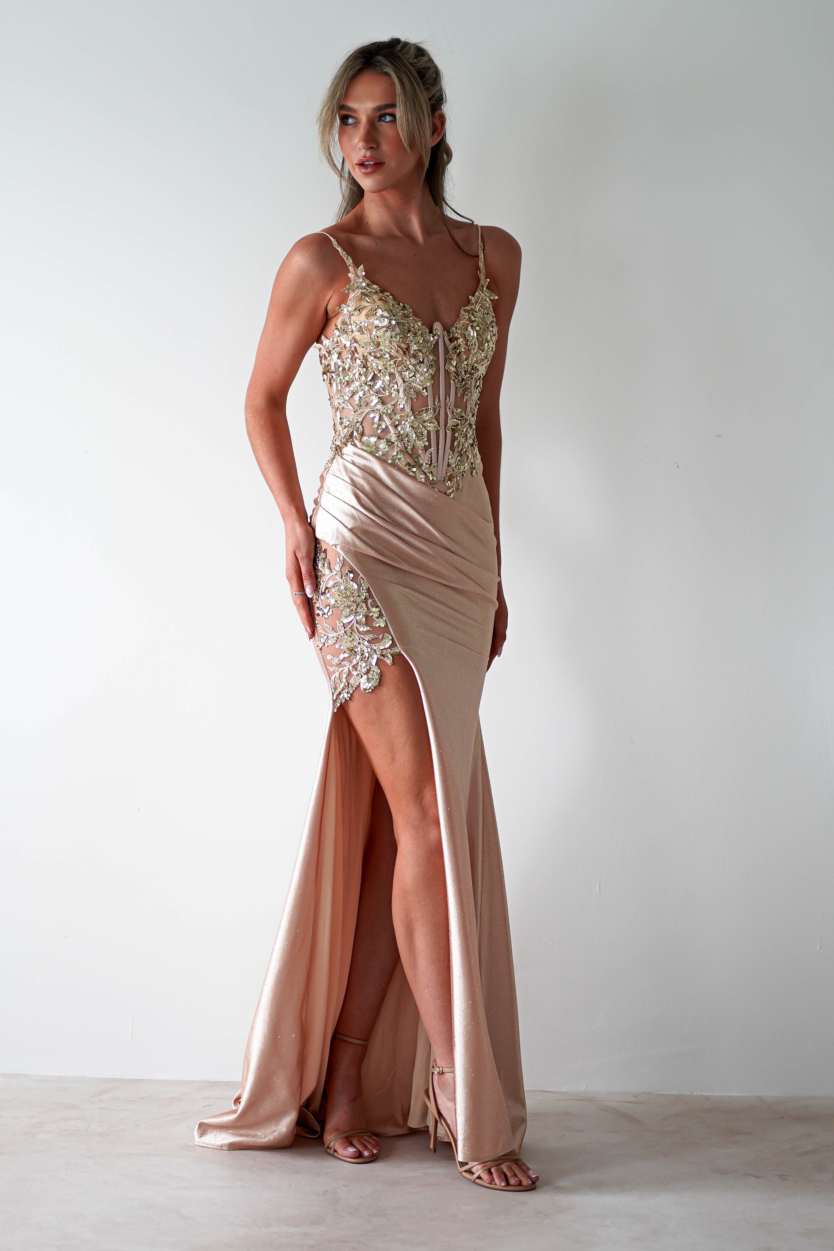 Regina Embellished Bodice Gown | Champagne/Gold | Debs & Prom | Formal Gown | Oh Hello Clothing