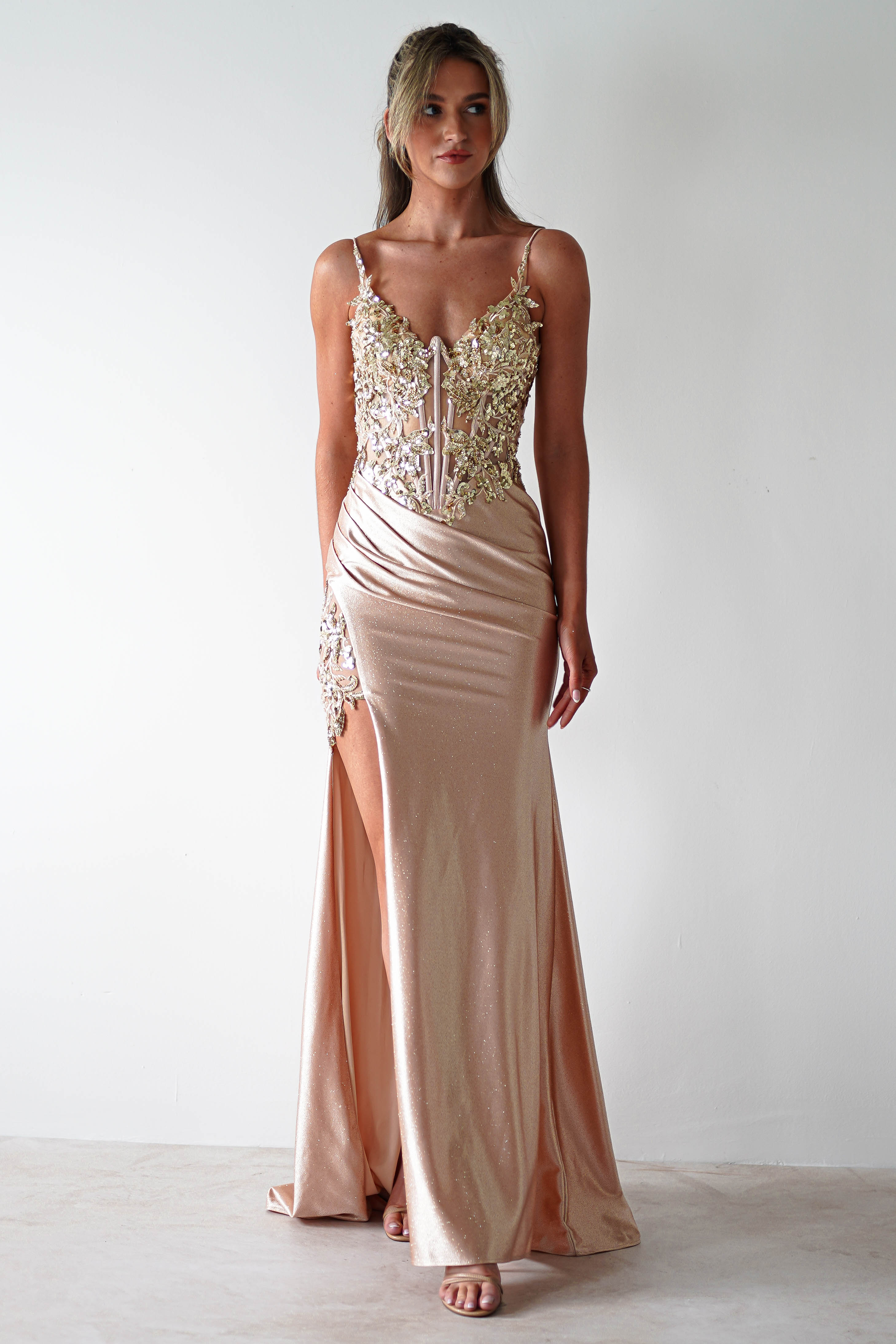 Regina Embellished Bodice Gown | Champagne/Gold | Debs & Prom | Formal Gown | Oh Hello Clothing