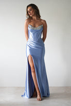 Pranvera Embellished Micro Crystal Gown | Dusty Blue | Debs & Prom | Formal Gown | Oh Hello Clothing