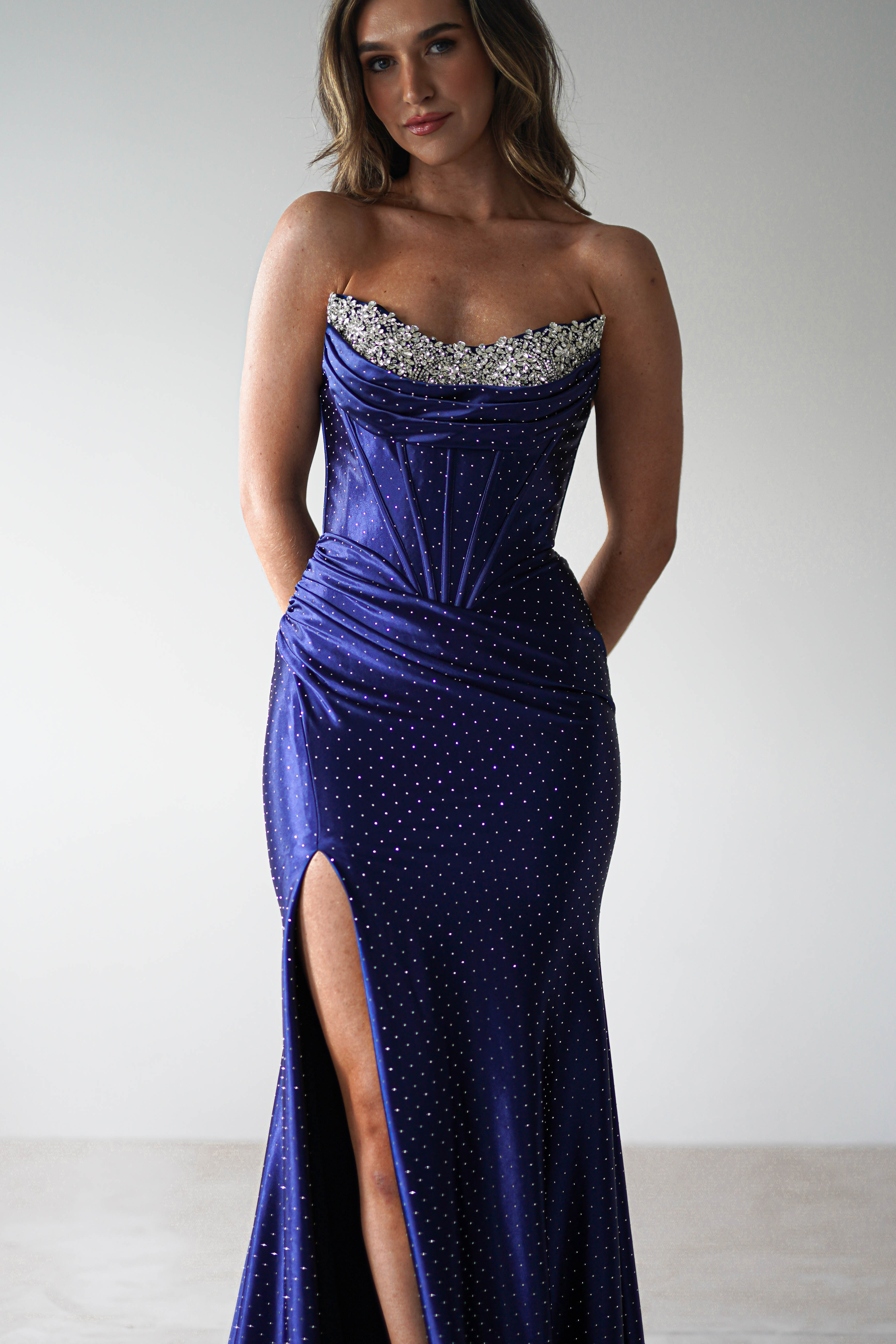 Pranvera Embellished Micro Crystal Gown | Dusty Navy | Debs & Prom | Formal Gown | Oh Hello Clothing