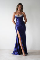 Pranvera Embellished Micro Crystal Gown | Dusty Navy | Debs & Prom | Formal Gown | Oh Hello Clothing