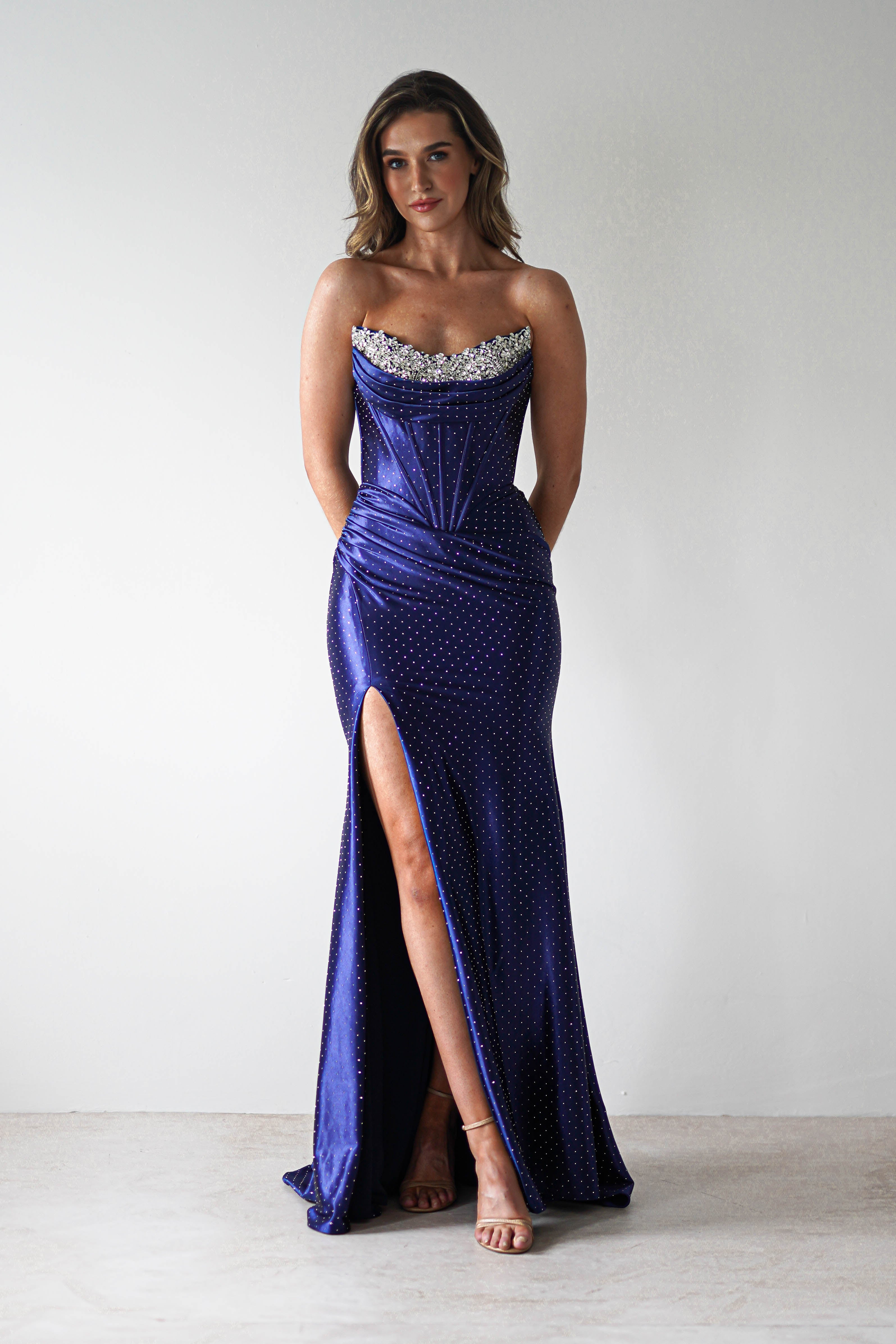 Pranvera Embellished Micro Crystal Gown | Dusty Navy | Debs & Prom | Formal Gown | Oh Hello Clothing