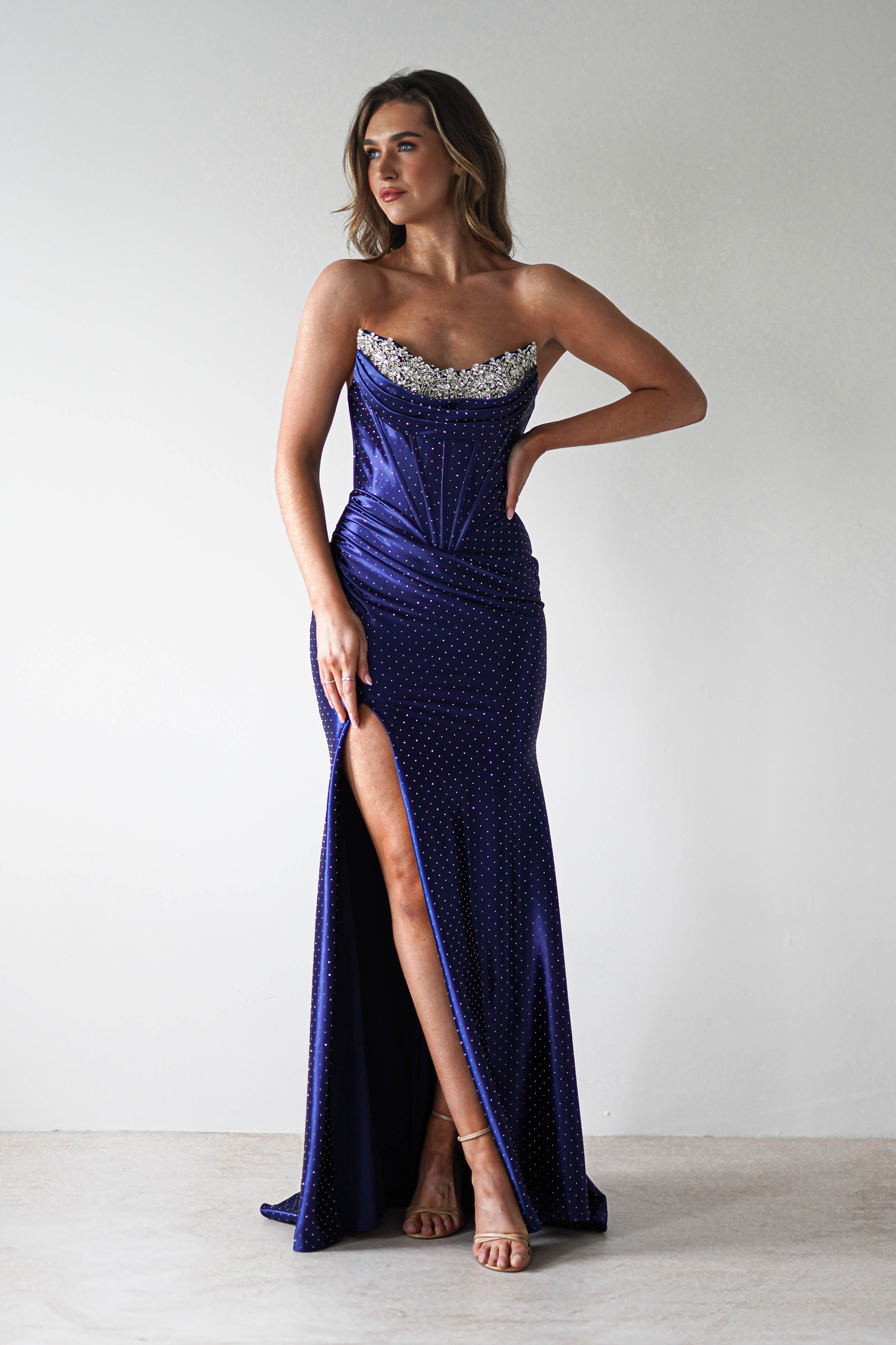 Pranvera Embellished Micro Crystal Gown | Dusty Navy | Debs & Prom | Formal Gown | Oh Hello Clothing