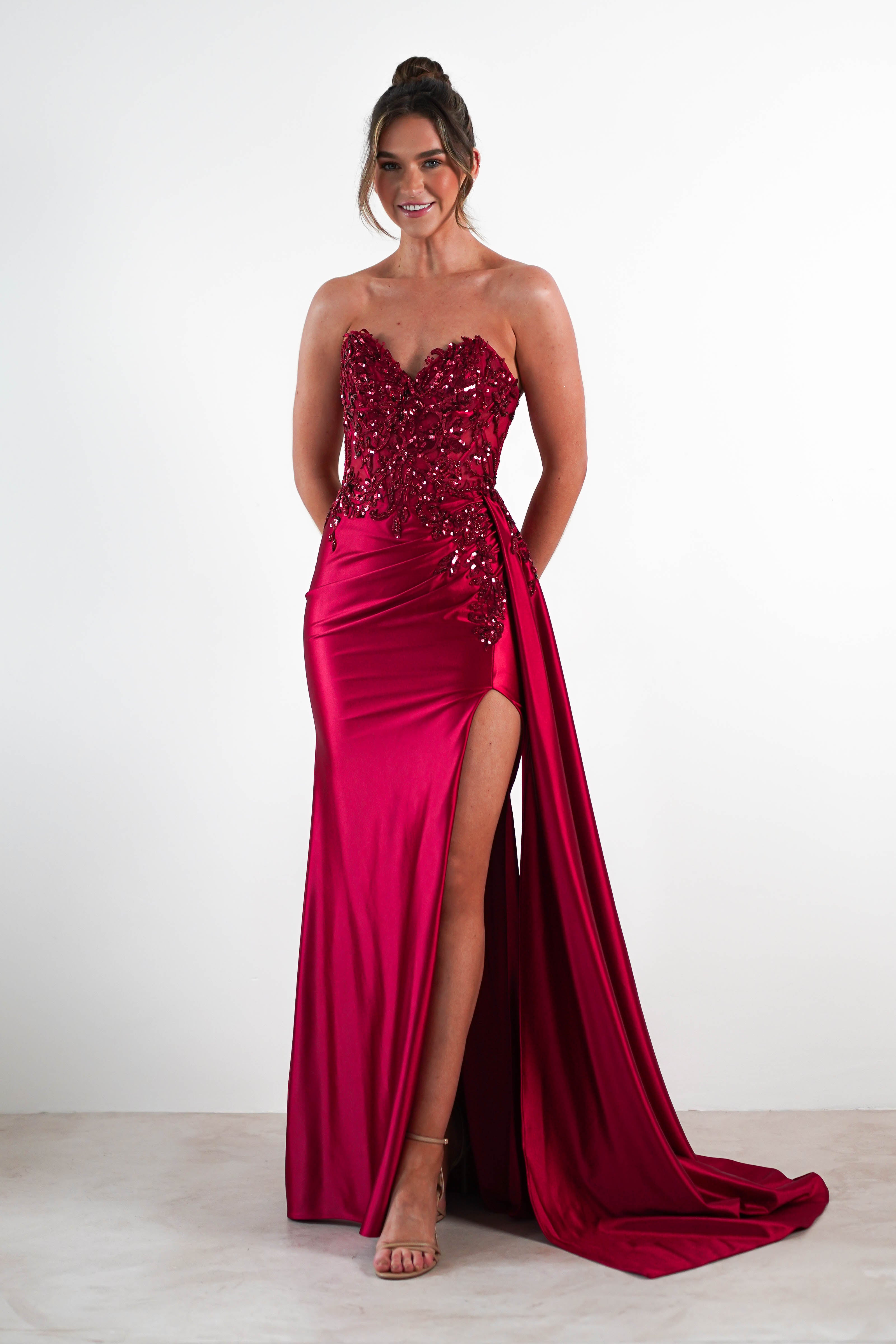 Saraya Bodycon Embellished Gown | Dark Red | Debs & Prom | Formal Gown | Oh Hello Clothing