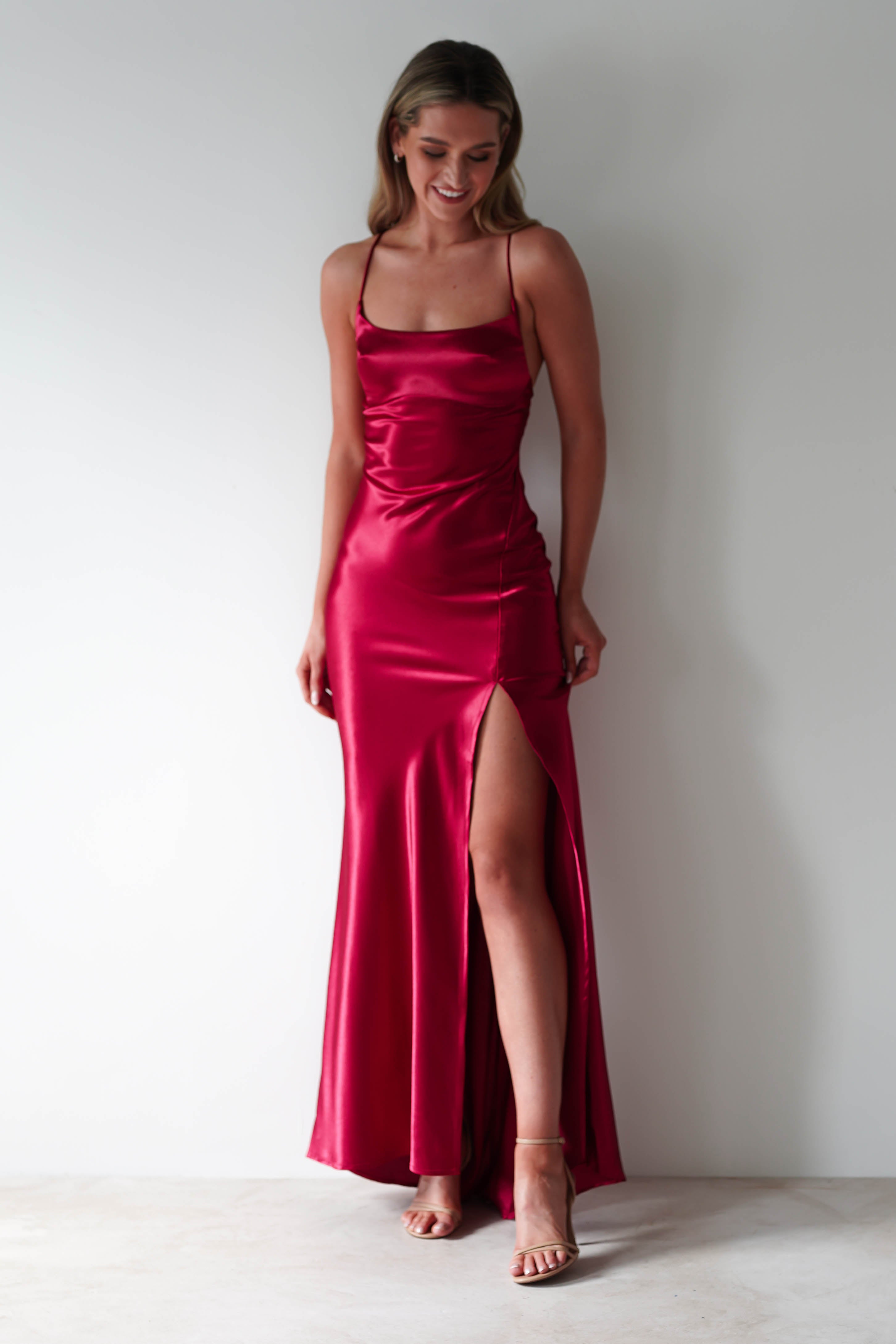 Celinee Satin Maxi Gown | Red | Debs & Prom | Formal Gown | Oh Hello Clothing