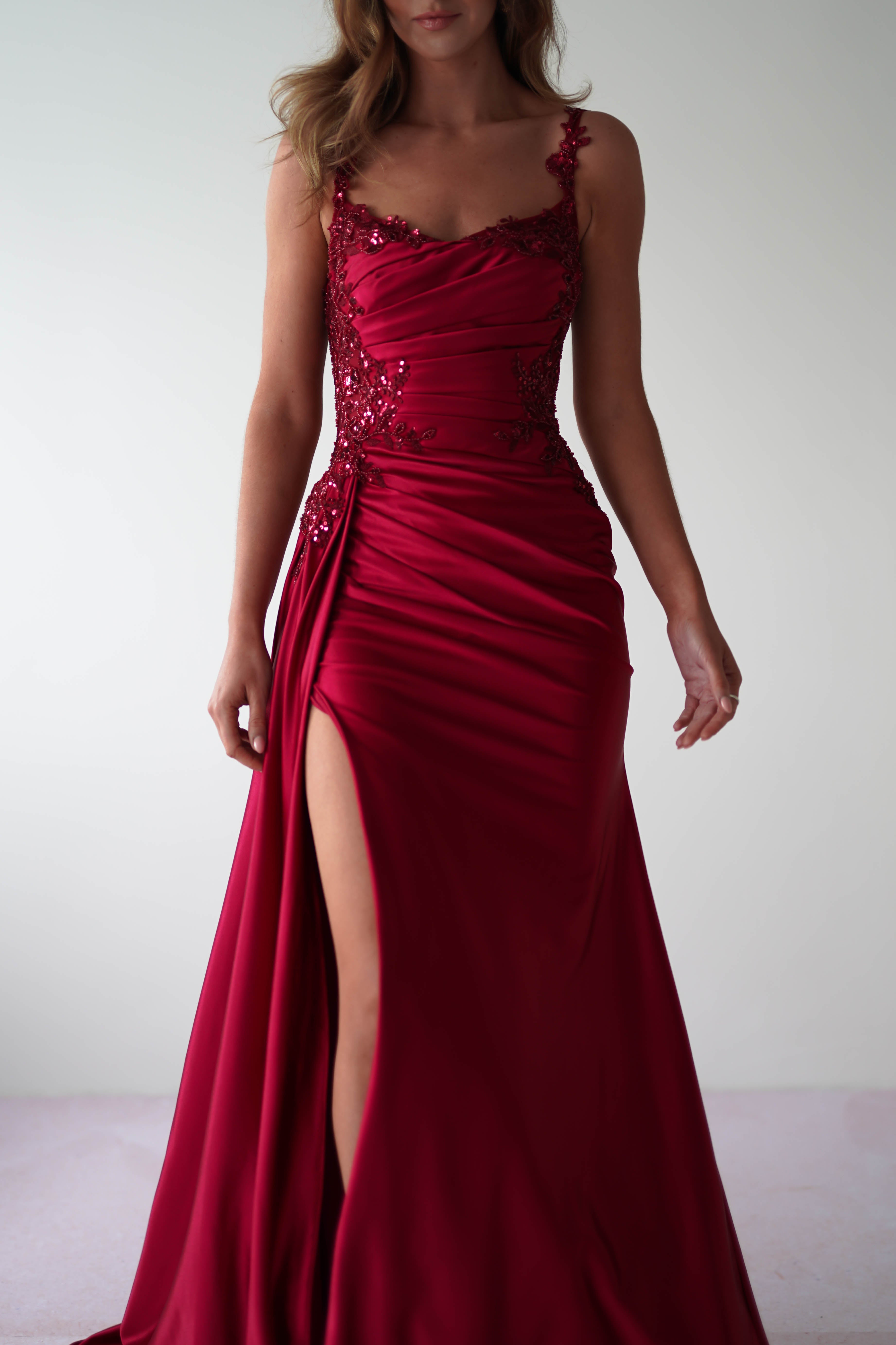 Cindy Pleated Bodice Gown | Burgundy | Debs & Prom | Formal Gown | Oh Hello Clothing