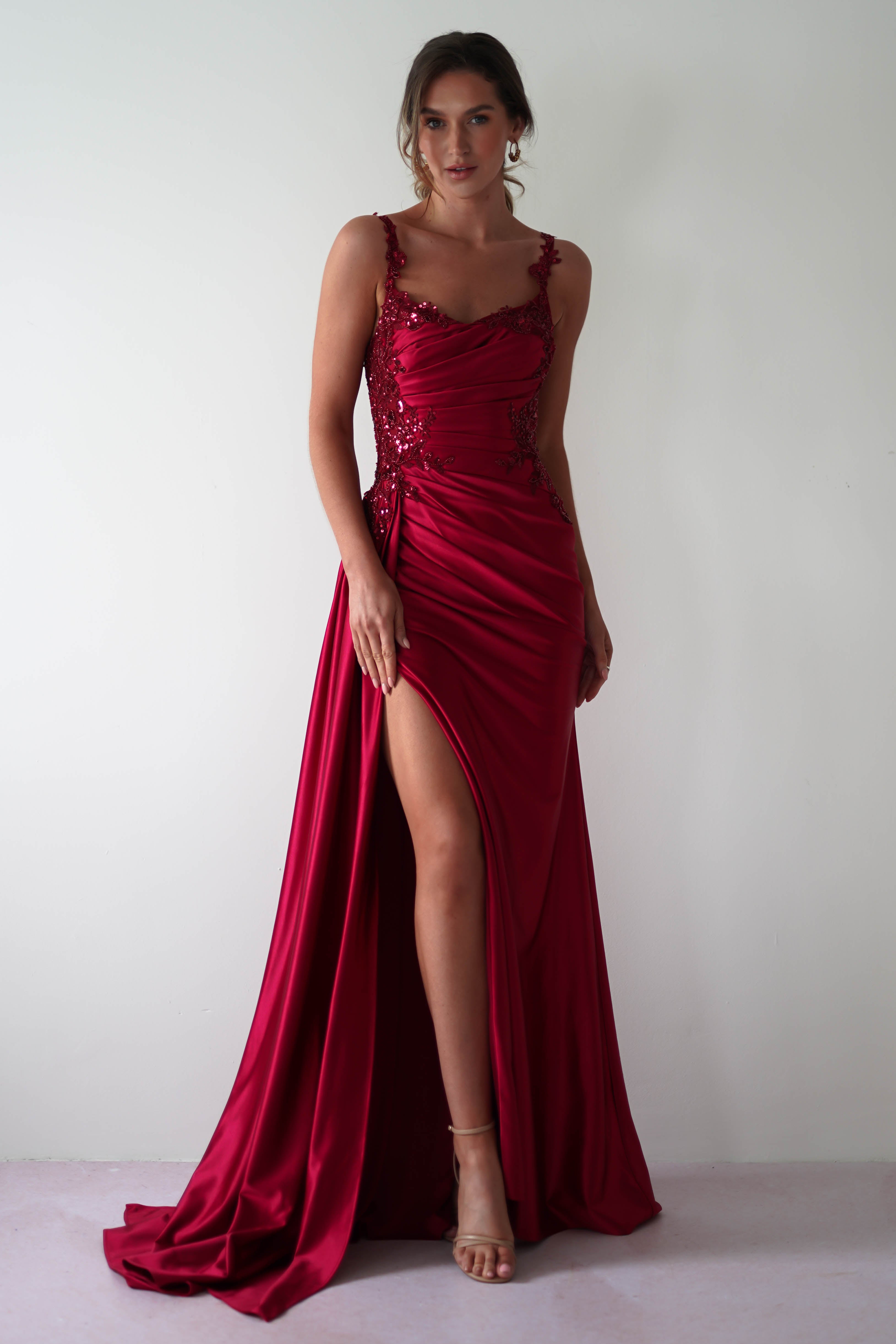 Cindy Pleated Bodice Gown | Burgundy | Debs & Prom | Formal Gown | Oh Hello Clothing