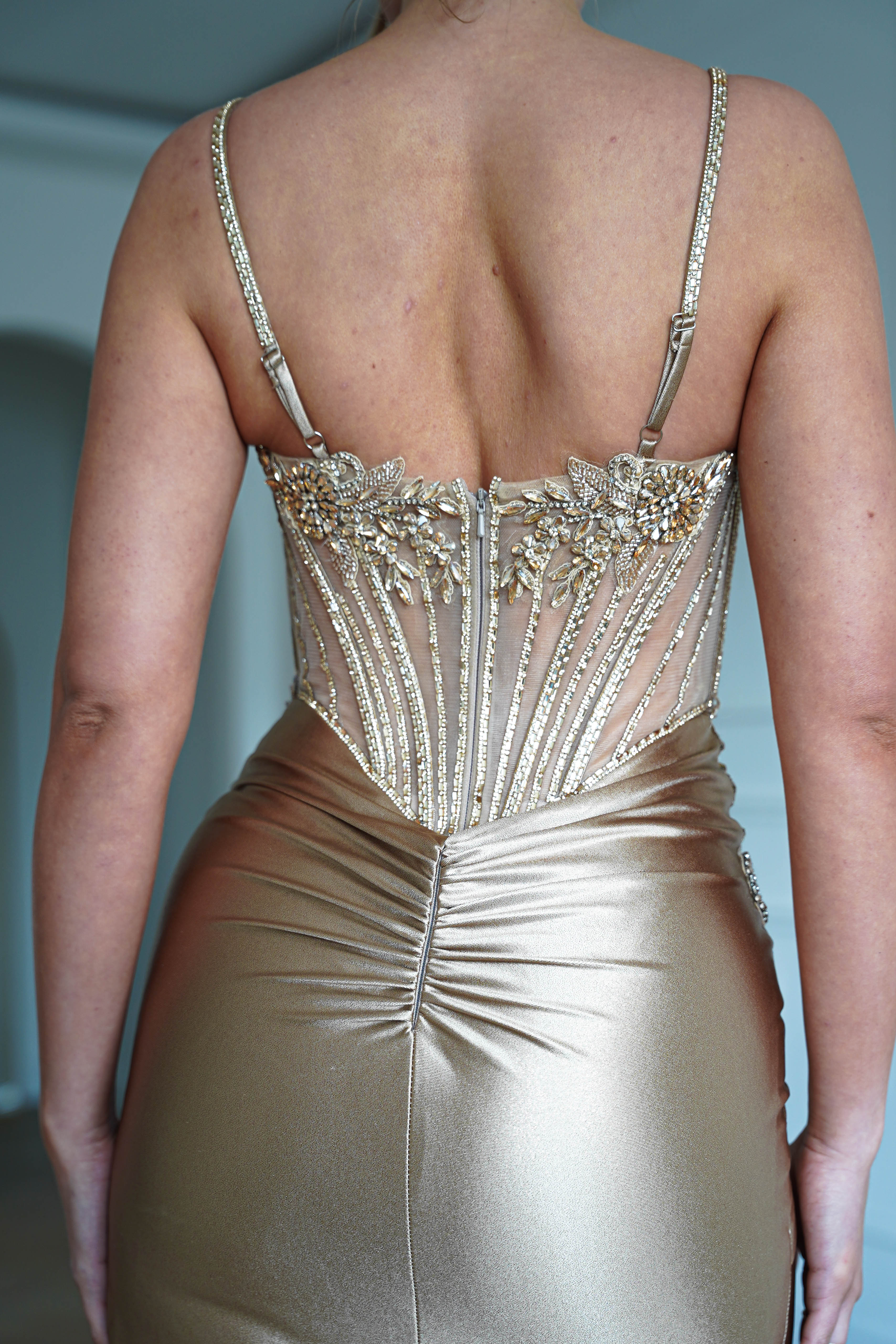 Oh Hello Clothing Dresses > Prom Dresses 1*DONE-CIND- CDS556- Embellished Corset Satin Maxi Gown – Gold