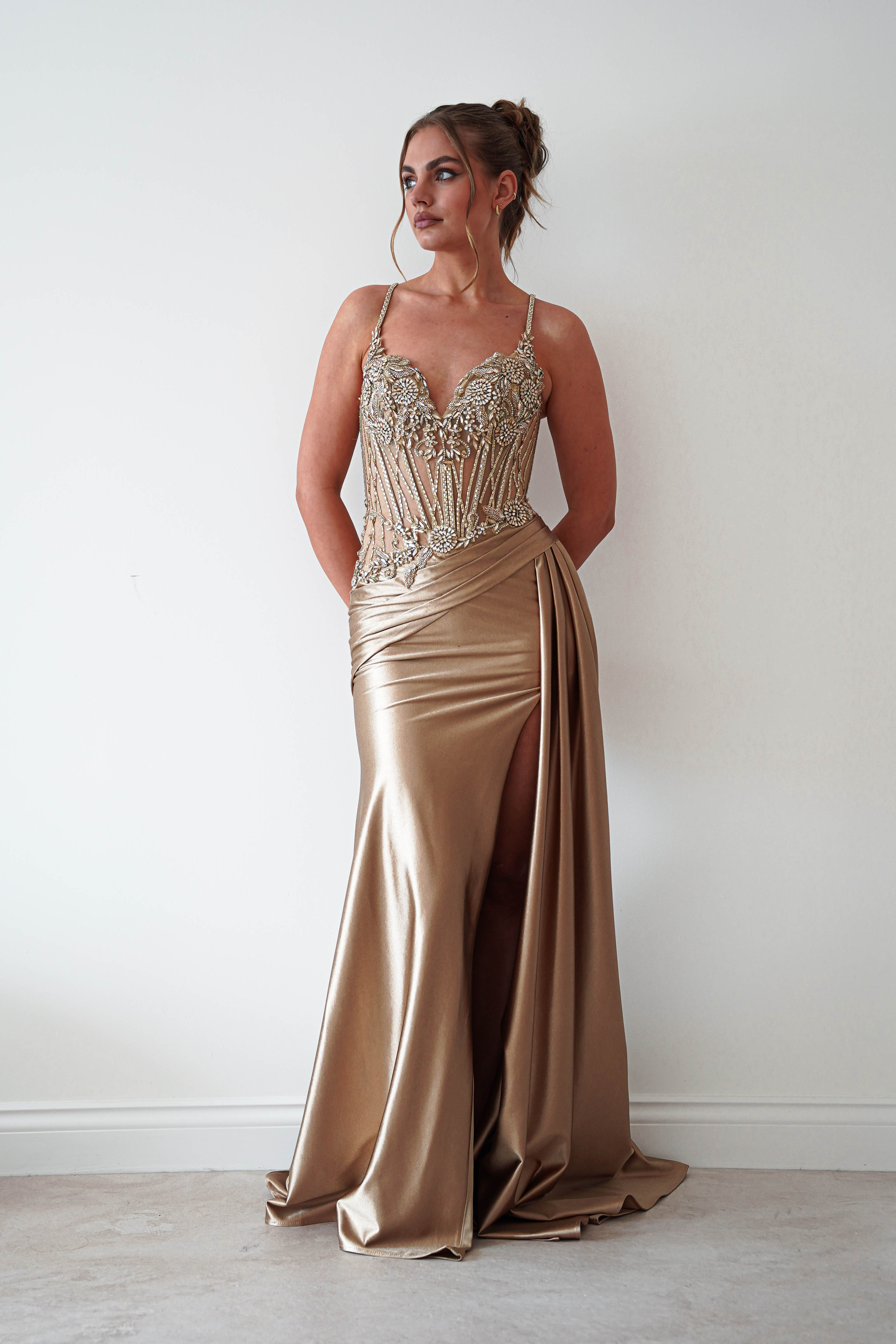 Oh Hello Clothing Dresses > Prom Dresses 1*DONE-CIND- CDS556- Embellished Corset Satin Maxi Gown – Gold