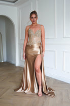 Oh Hello Clothing Dresses > Prom Dresses 1*DONE-CIND- CDS556- Embellished Corset Satin Maxi Gown – Gold