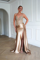 Oh Hello Clothing Dresses > Prom Dresses 1*DONE-CIND- CDS556- Embellished Corset Satin Maxi Gown – Gold