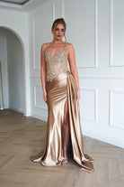 Oh Hello Clothing Dresses > Prom Dresses 1*DONE-CIND- CDS556- Embellished Corset Satin Maxi Gown – Gold