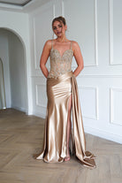 Oh Hello Clothing Dresses > Prom Dresses 1*DONE-CIND- CDS556- Embellished Corset Satin Maxi Gown – Gold