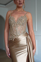 Oh Hello Clothing Dresses > Prom Dresses 1*DONE-CIND- CDS556- Embellished Corset Satin Maxi Gown – Gold