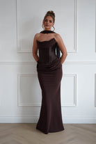 Oh Hello Clothing Women > Clothing > Dresses 1*Done-Cind-T732-Brown Strapless Ruched Midi Dress with Matching Scarf (Copy)