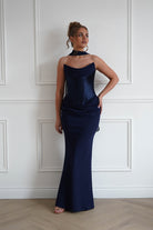 Oh Hello Clothing Women > Clothing > Dresses 1*Done-Cind-T732-Navy Strapless Ruched Midi Dress with Matching Scarf