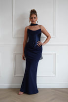 Oh Hello Clothing Women > Clothing > Dresses 1*Done-Cind-T732-Navy Strapless Ruched Midi Dress with Matching Scarf
