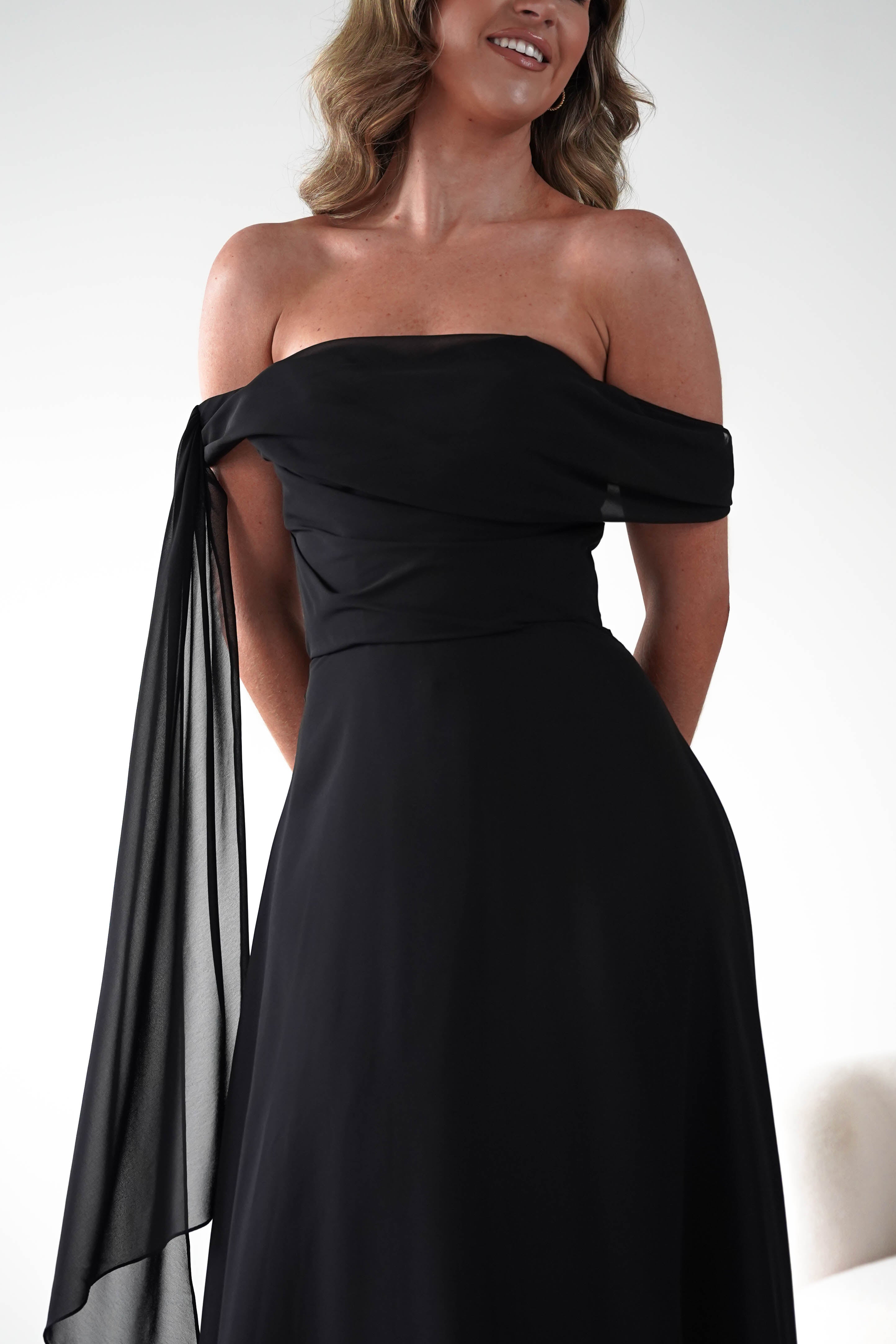 Oh Hello Clothing Dresses 1*DONE -CINDERALLA-BLACK DRESS DRAPE DSEIGN ON ONE SIDE- T716