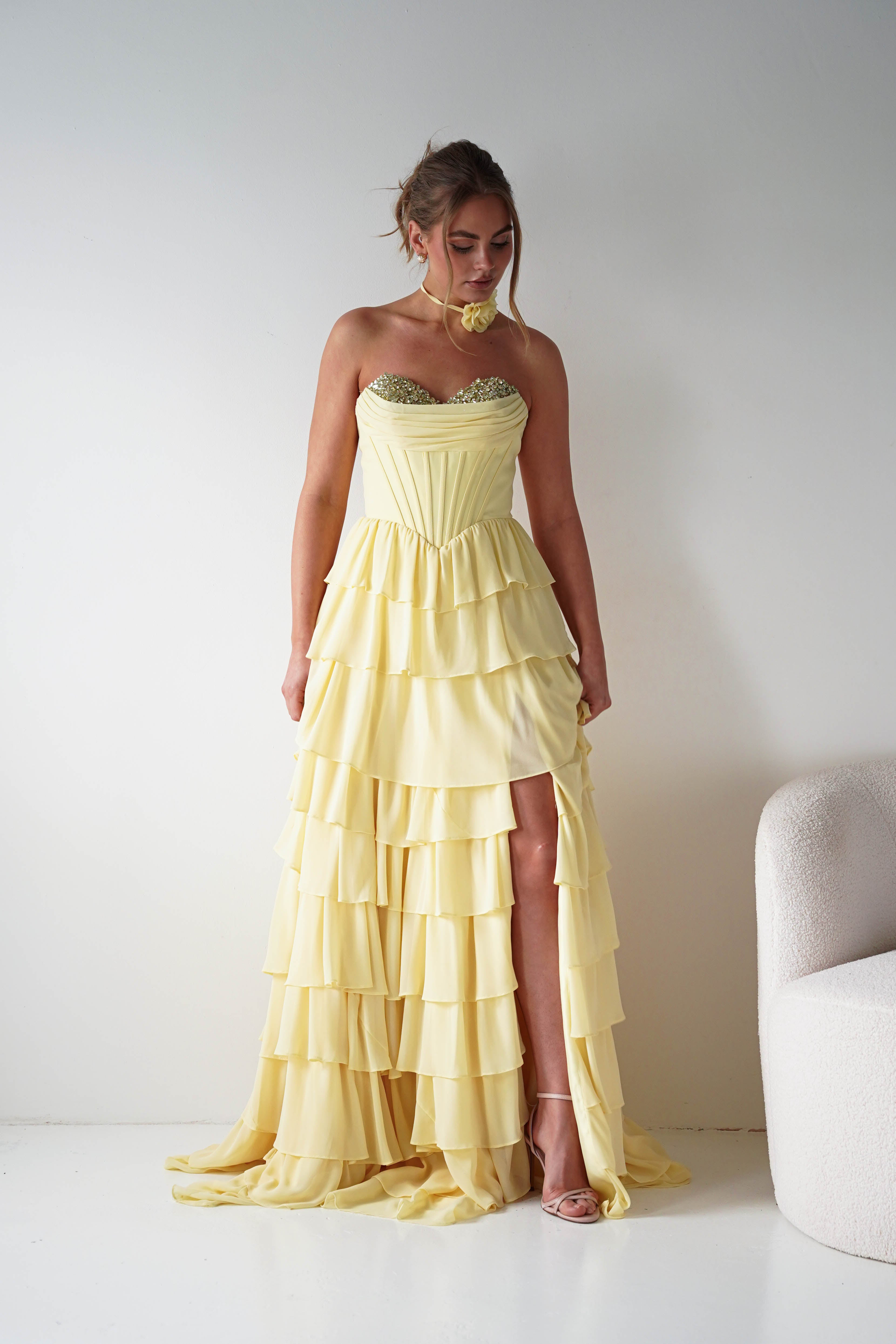 Oh Hello Clothing Women > Clothing > Dresses 1*DONE - Cinderalla-CD402- YELLOW Strapless Embellished Chiffon Tiered Maxi Dress