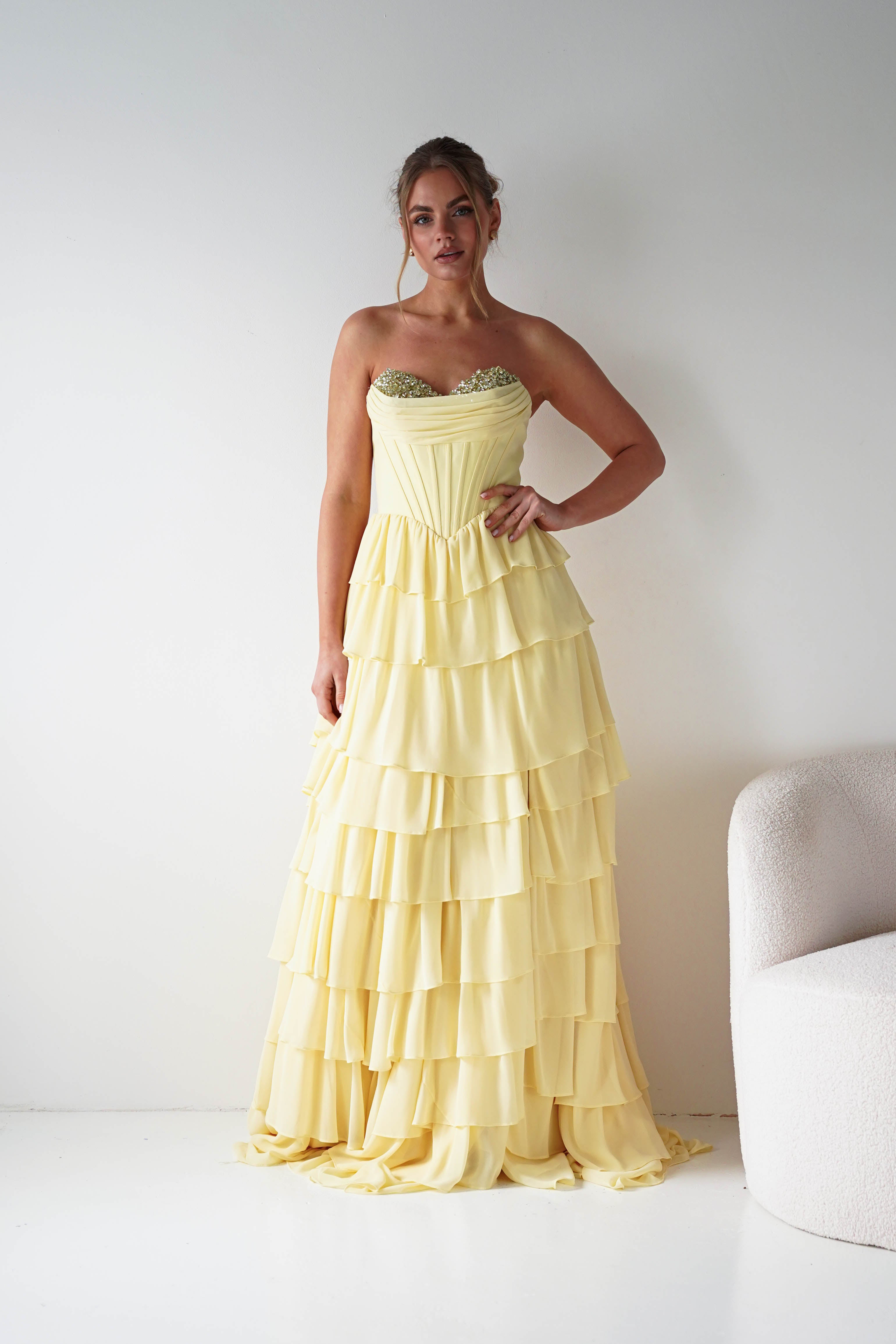 Oh Hello Clothing Women > Clothing > Dresses 1*DONE - Cinderalla-CD402- YELLOW Strapless Embellished Chiffon Tiered Maxi Dress