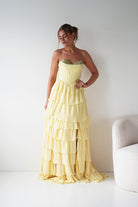Oh Hello Clothing Women > Clothing > Dresses 1*DONE - Cinderalla-CD402- YELLOW Strapless Embellished Chiffon Tiered Maxi Dress