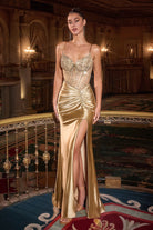 Oh Hello Clothing Dresses 1*DONE -CINDERALLA-CD718-GOLD Embellished Corset Evening Gown with Slit (Copy)