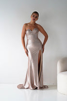Oh Hello Clothing Women > Clothing > Dresses 1*DONE - Cinderalla-CK918- Champagne Beaded Strapless Gown with Thigh-High Slit
