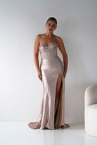 Oh Hello Clothing Women > Clothing > Dresses 1*DONE - Cinderalla-CK918- Champagne Beaded Strapless Gown with Thigh-High Slit