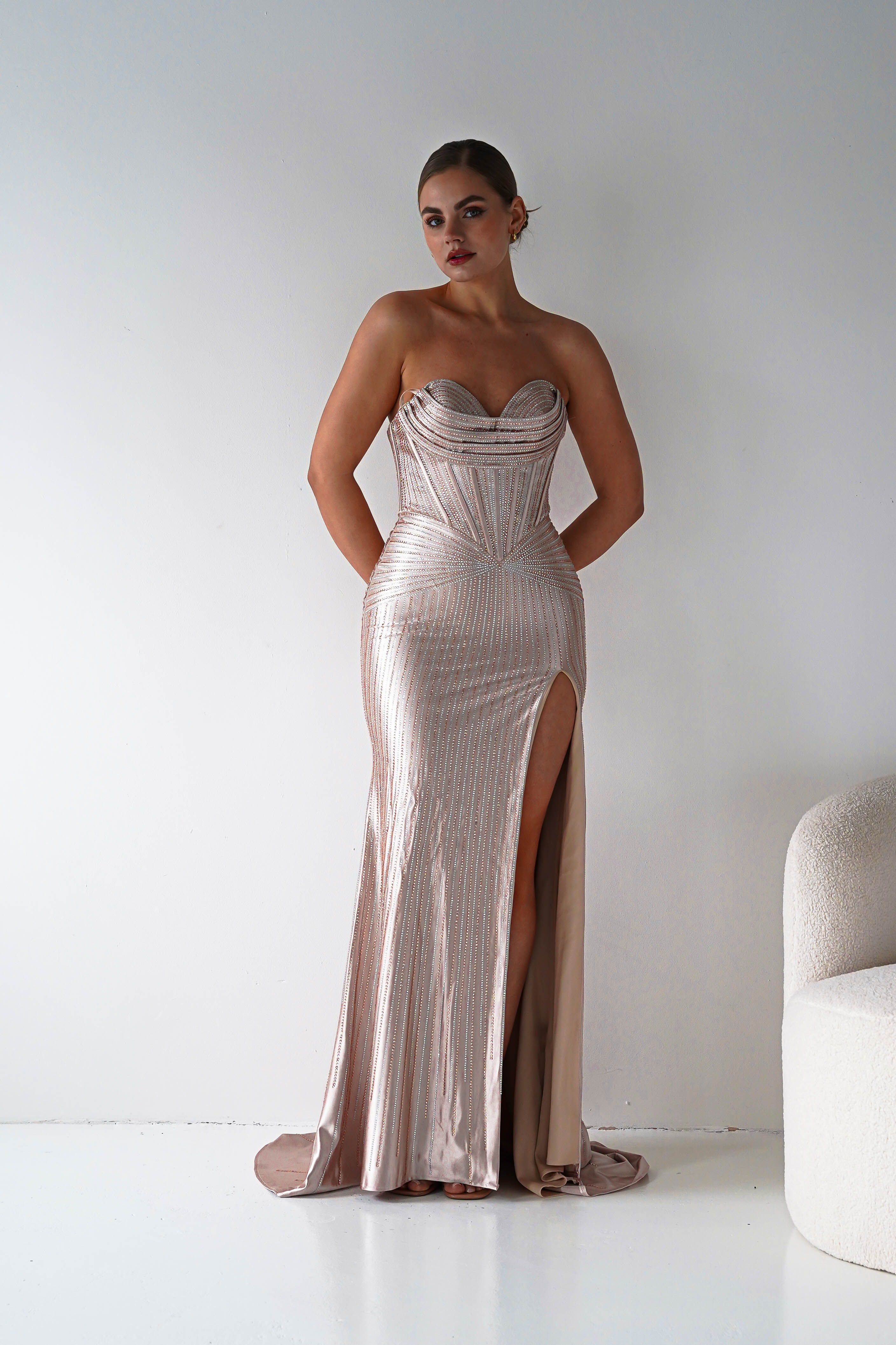 Oh Hello Clothing Women > Clothing > Dresses 1*DONE - Cinderalla-CK918- Champagne Beaded Strapless Gown with Thigh-High Slit