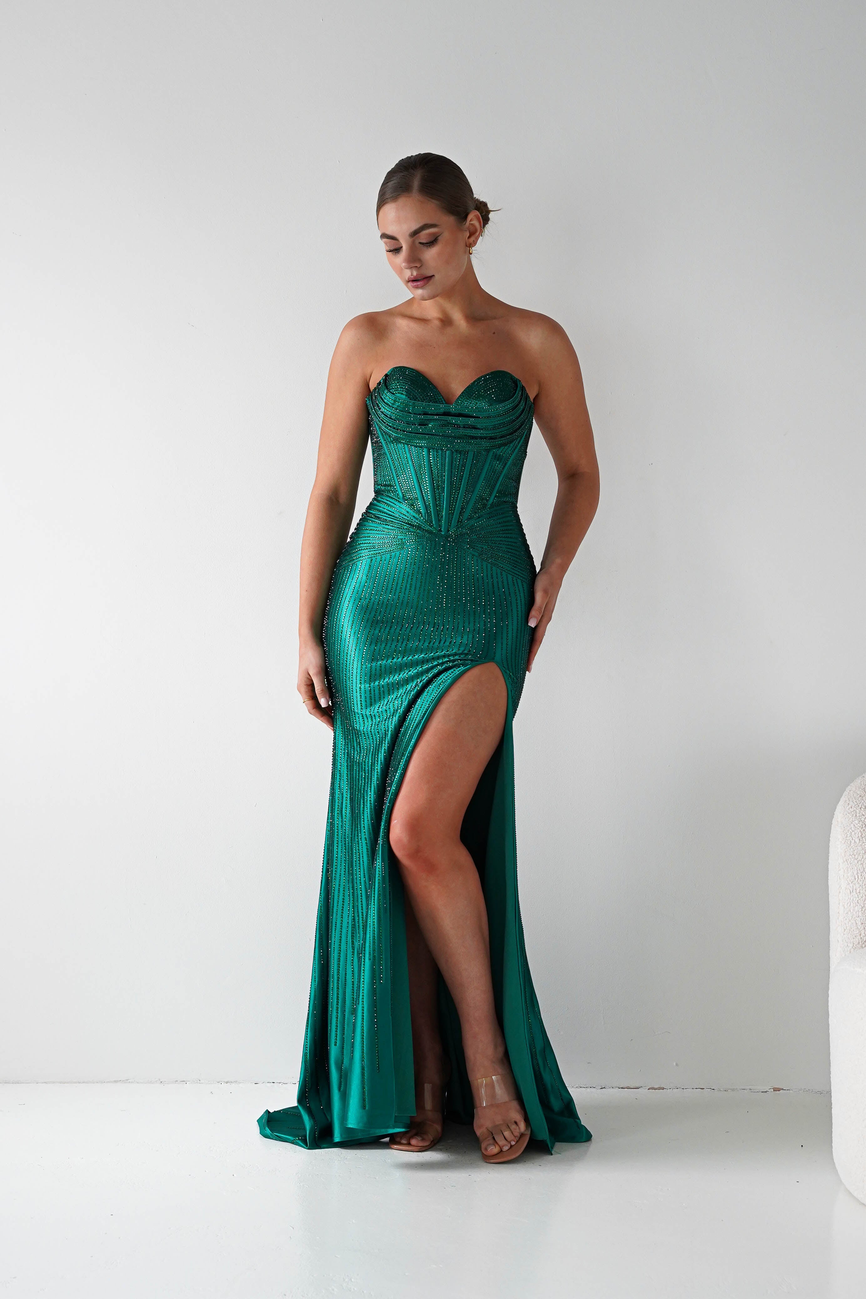 Oh Hello Clothing Women > Clothing > Dresses 1*DONE - Cinderalla-CK918-EMERALD Beaded Strapless Gown with Thigh-High Slit (Copy) (Copy)