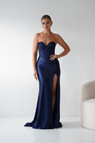 Oh Hello Clothing Women > Clothing > Dresses 1*DONE - Cinderalla-CK918- NAVY Beaded Strapless Gown with Thigh-High Slit (Copy)