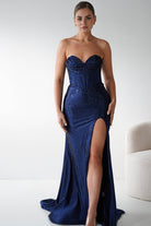 Oh Hello Clothing Women > Clothing > Dresses 1*DONE - Cinderalla-CK918- NAVY Beaded Strapless Gown with Thigh-High Slit (Copy)