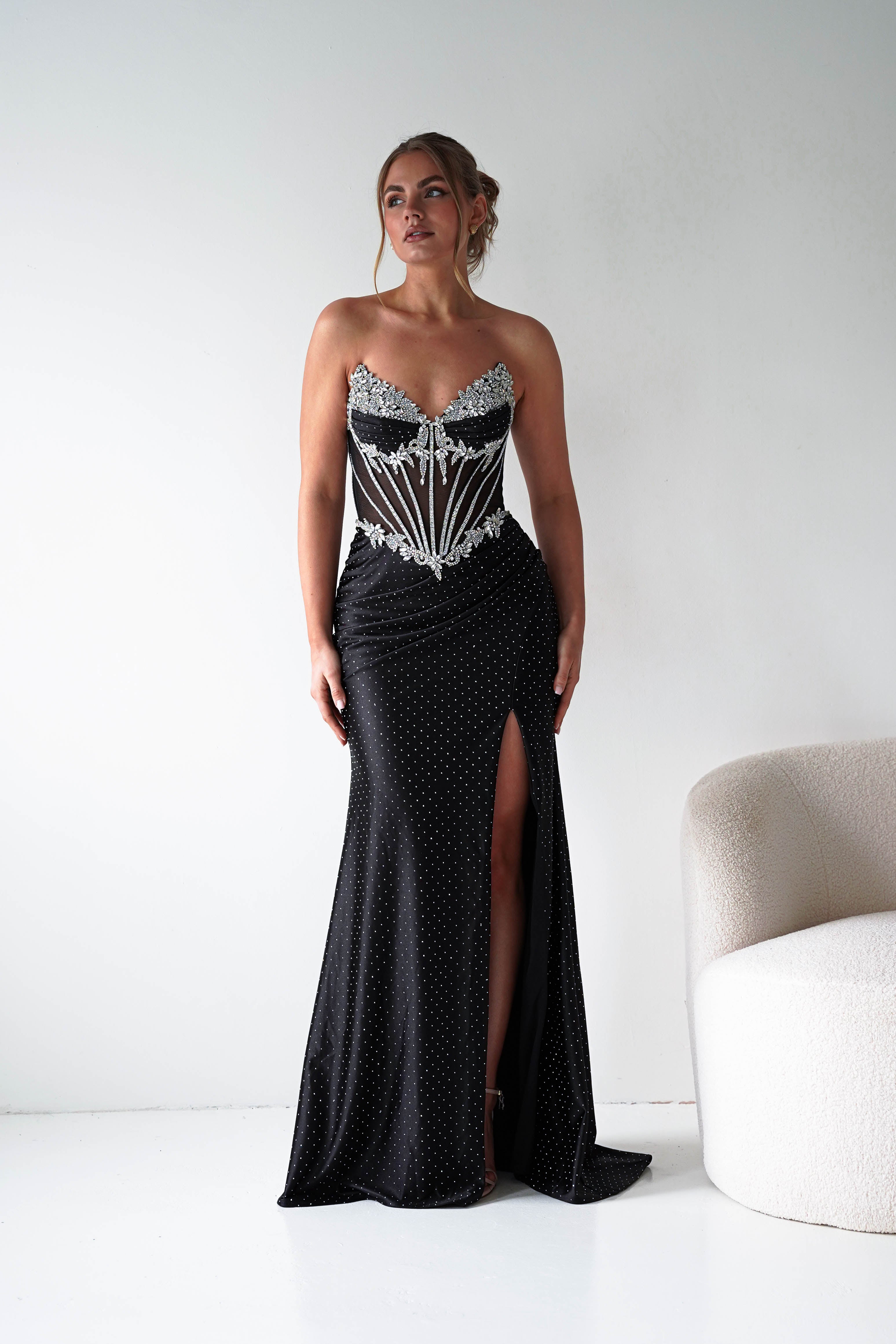 Oh Hello Clothing Women > Clothing > Dresses 1*DONE - CINDERALLA-Strapless Embellished Mesh Evening Gown- BLACK