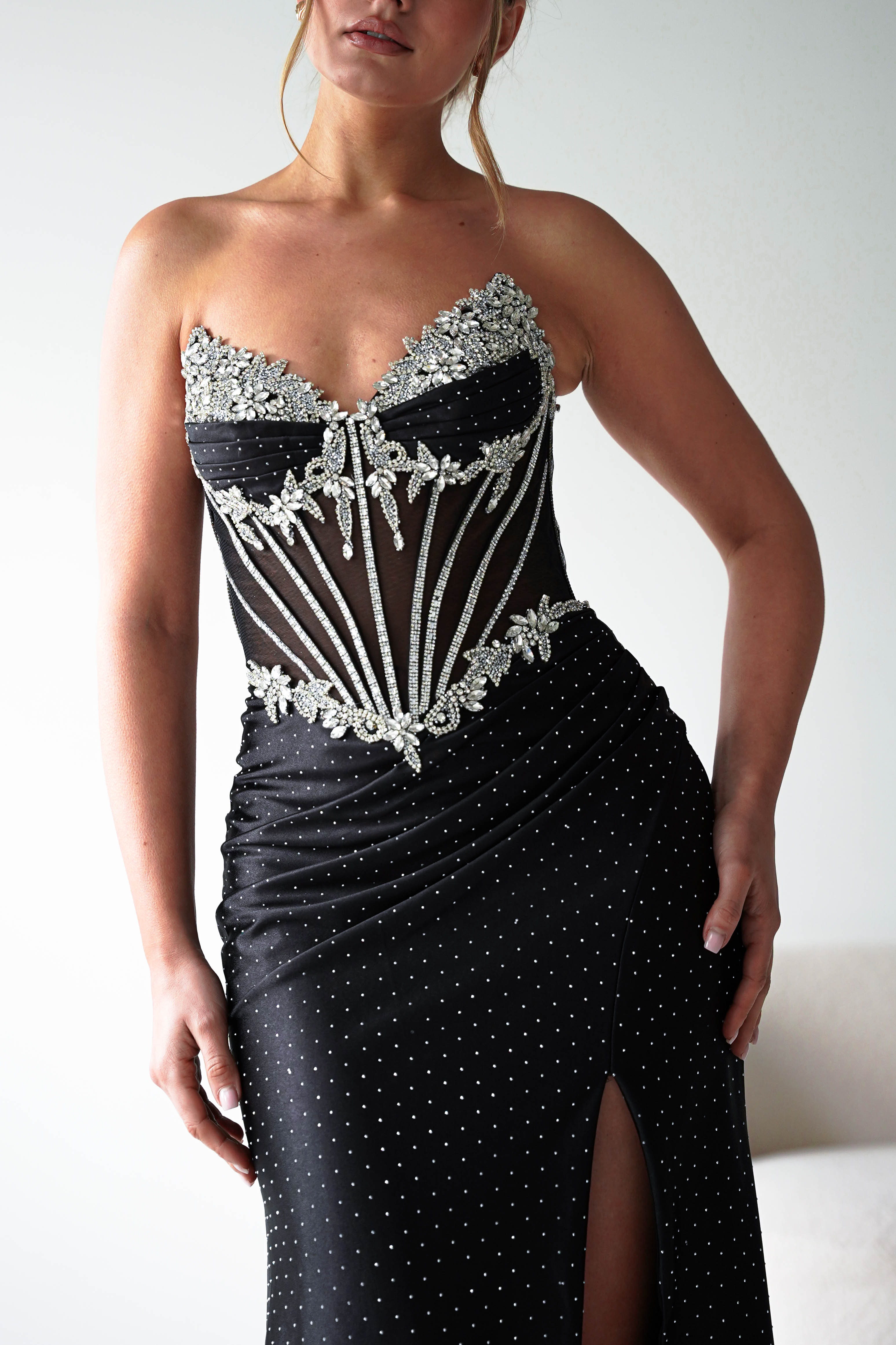 Oh Hello Clothing Women > Clothing > Dresses 1*DONE - CINDERALLA-Strapless Embellished Mesh Evening Gown- BLACK