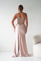 Oh Hello Clothing Women > Clothing > Dresses 1*DONE - CINDERALLA-Strapless Embellished Mesh Evening Gown- Gold