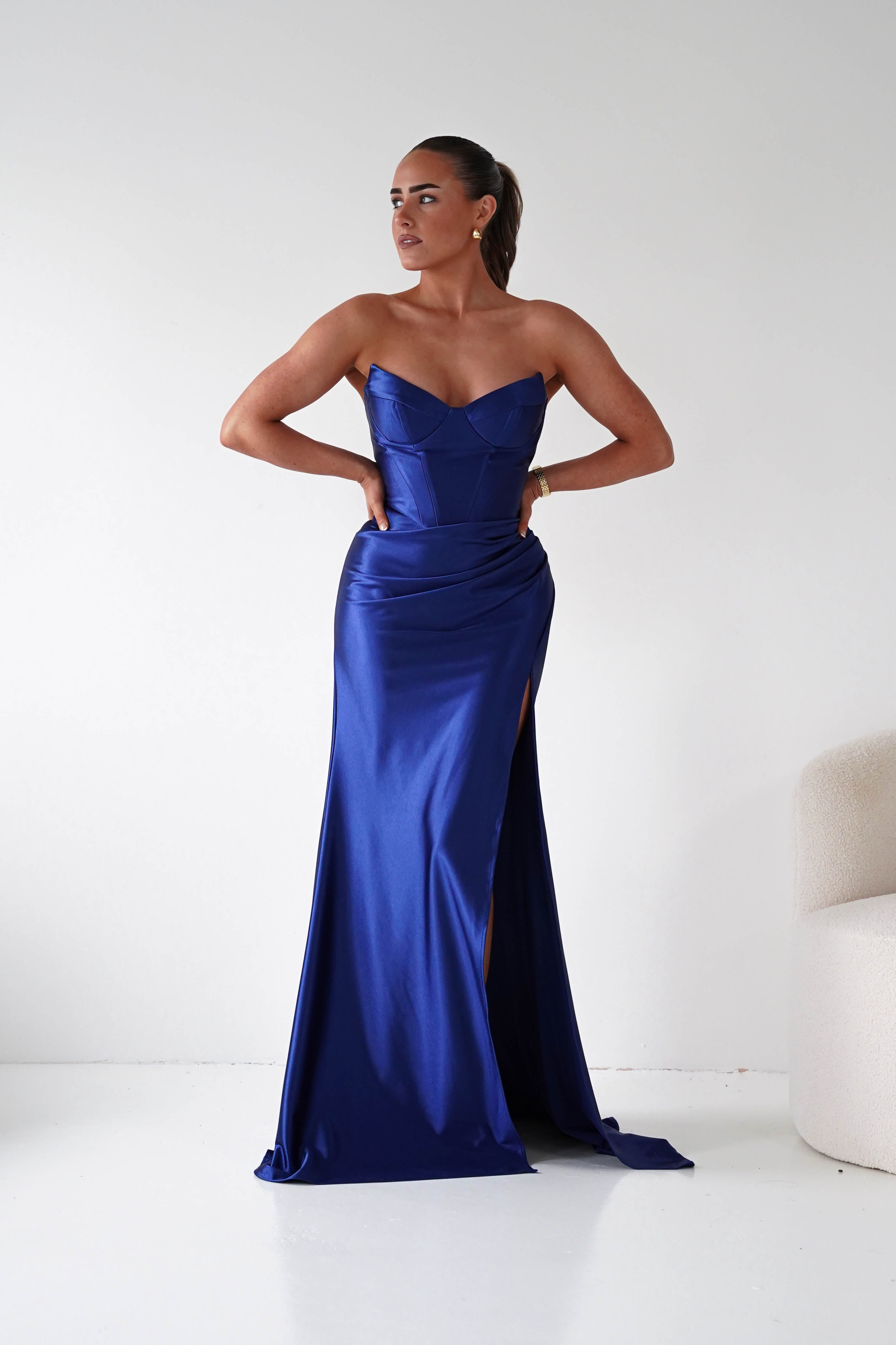 Oh Hello Clothing Women > Clothing > Dresses 1*DONE - Cinderalla-t723-Strapless Satin Maxi Dress with Side Slit in Navy