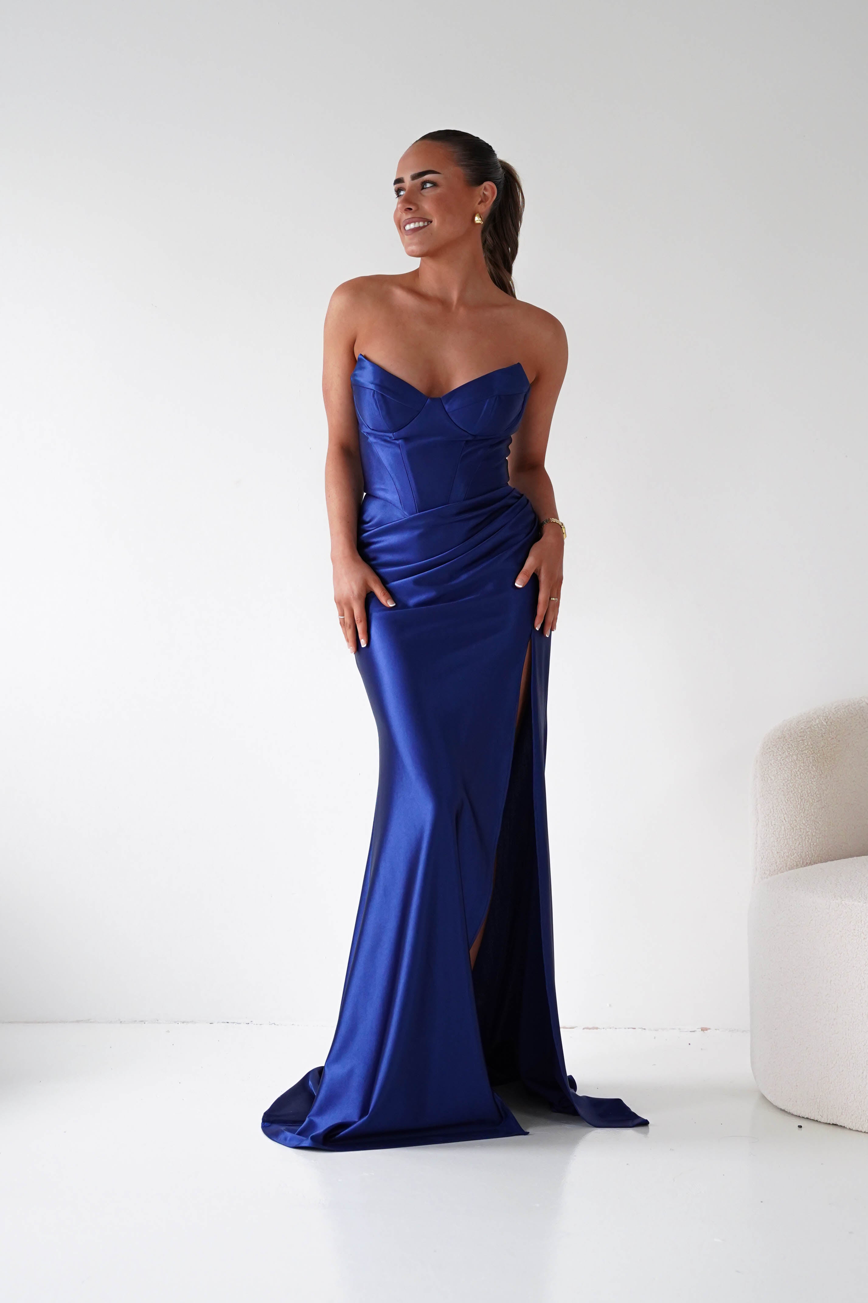 Oh Hello Clothing Women > Clothing > Dresses 1*DONE - Cinderalla-t723-Strapless Satin Maxi Dress with Side Slit in Navy