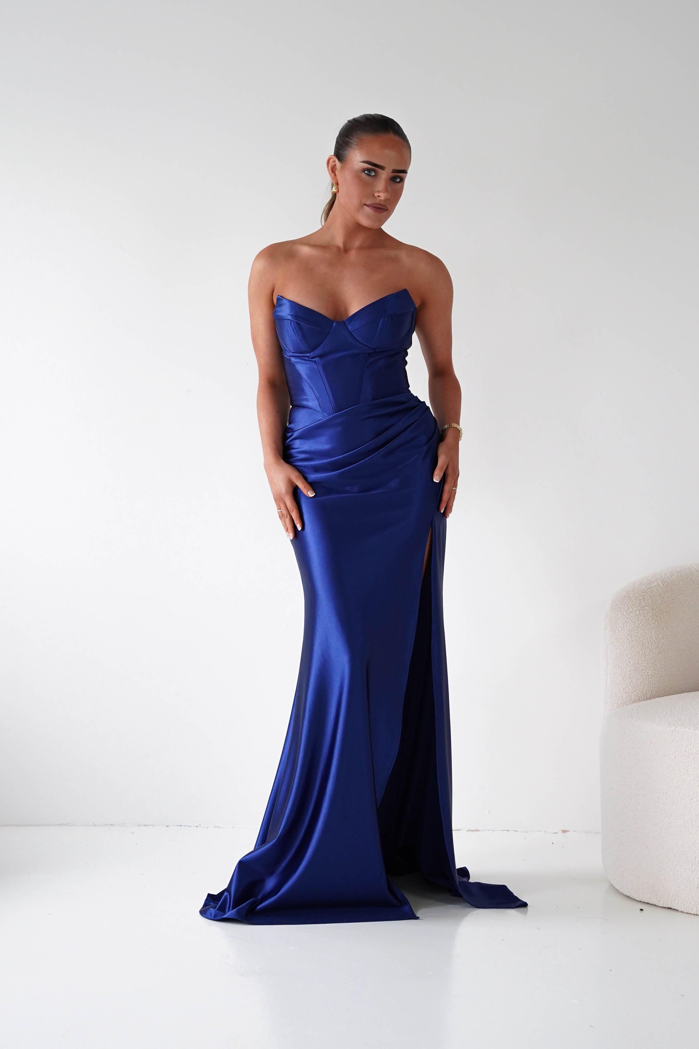 Oh Hello Clothing Women > Clothing > Dresses 1*DONE - Cinderalla-t723-Strapless Satin Maxi Dress with Side Slit in Navy